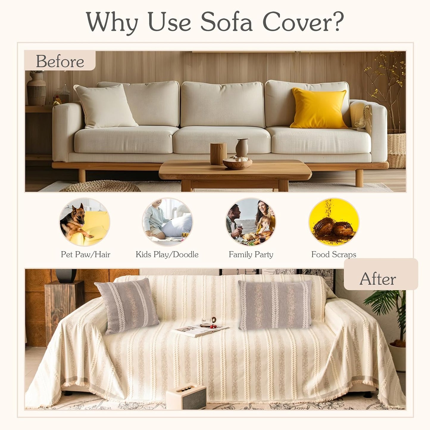 Couch Cover for Dogs Washable Sofa Cover, Sectional Couch Covers, Sofa Covers for 2 Cushion Couch, Non Slip Stripe Sofa Slipcovers Furniture Protector, Couch Protector from Cat Claws, Beige,71''x134''