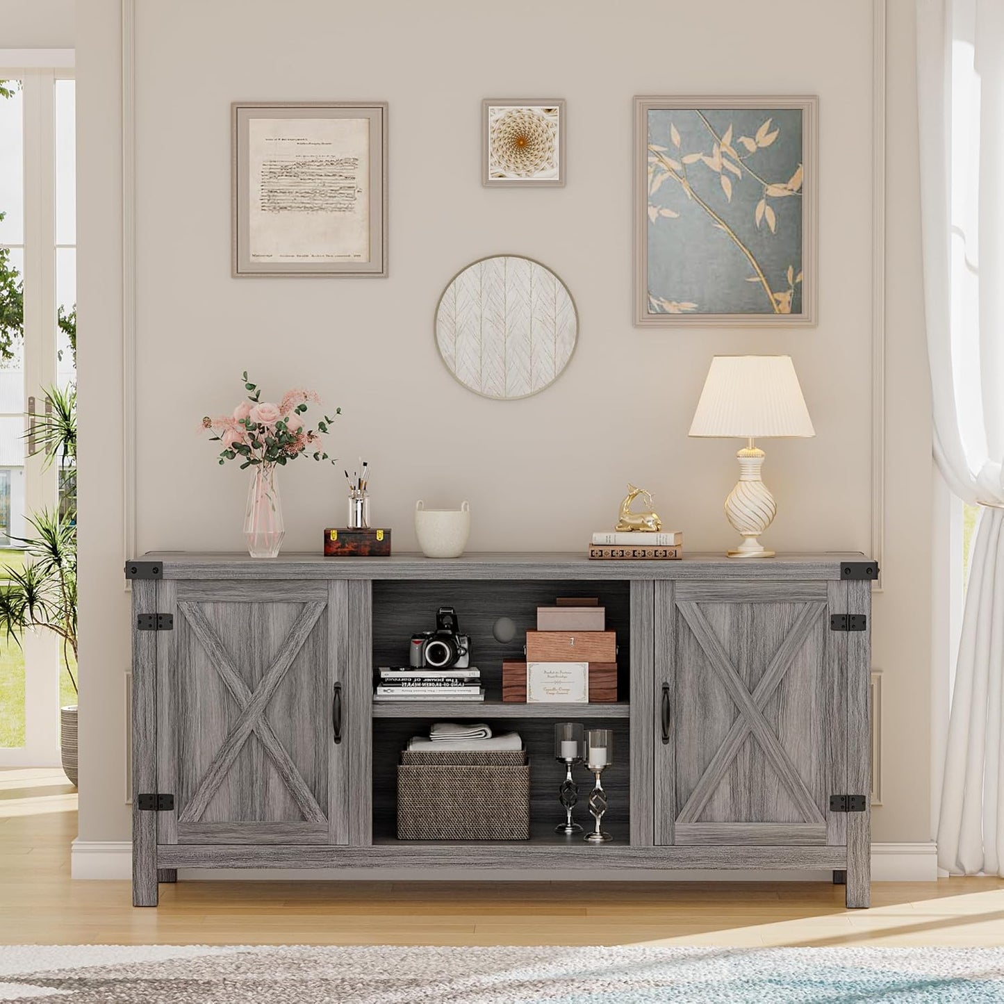 YESHOMY Farmhouse Buffet & Sideboard, 58" Kitchen Storage Cabinet with Adjustable Shelves & Doors, Wood Coffee Bar for Living Room, Entryway, Gray Washed