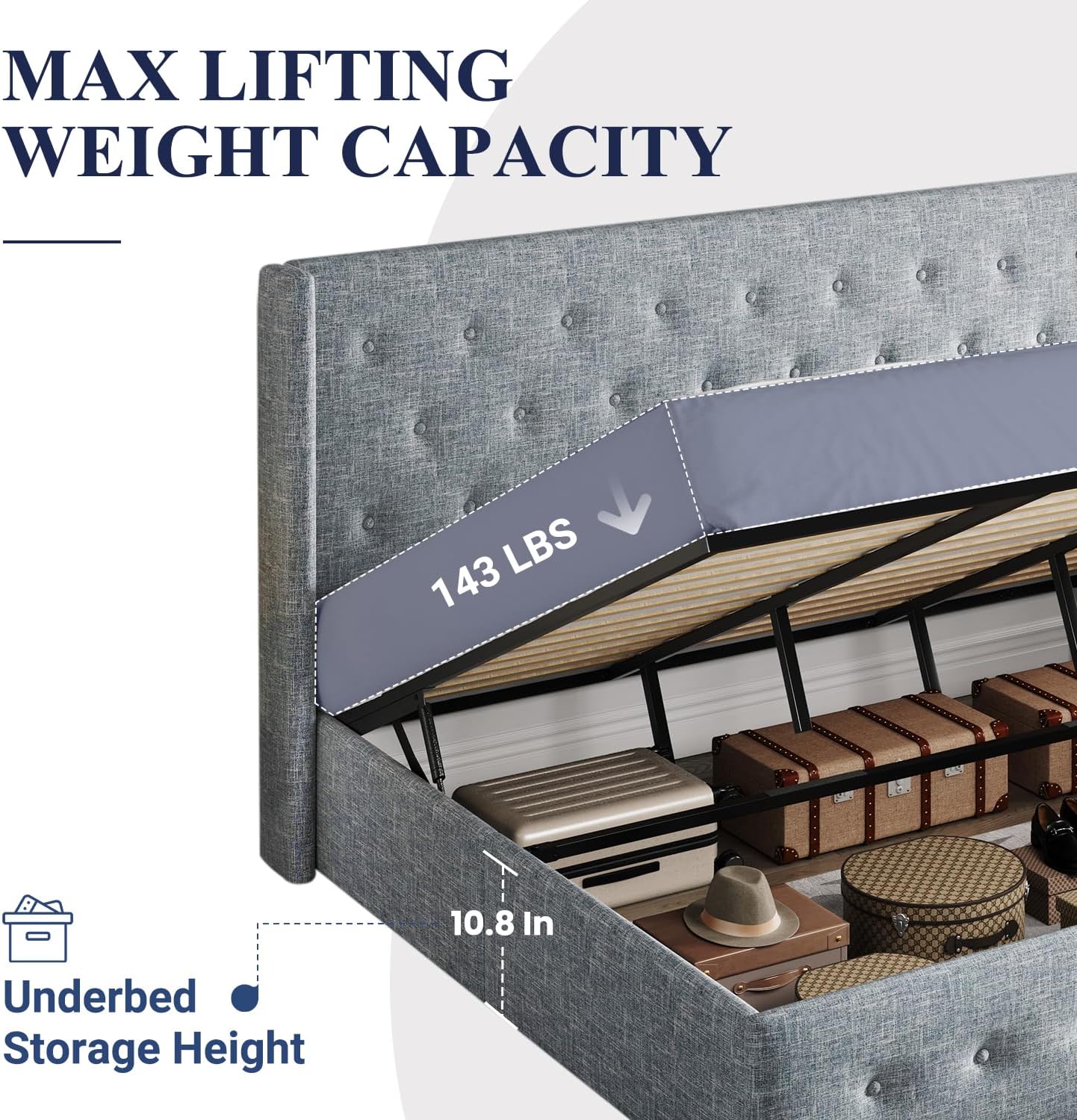 Allewie King Size Lift Up Storage Bed, Button Tufted Headboard with Wingback, Hydraulic Support, No Box Spring Needed, Grey Blue