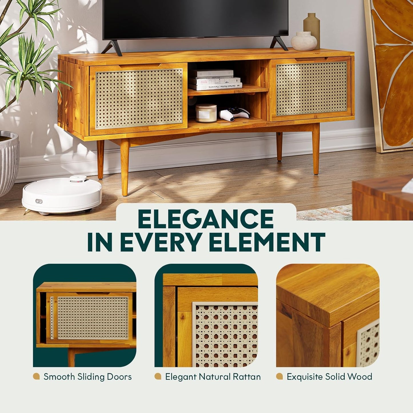 Bme Oliver TV Stand for TVs up to 55", Mid-Century Solid Wood TV Console with Natural Rattan Door, Media TV Console, Entertainment Center with Storage, Fluted Media Cabinet for Living Room, Caramel