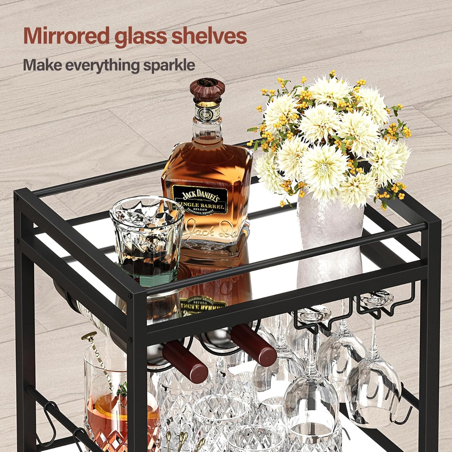 TUTOTAK Bar Cart, Home Bar Serving Cart with 3-Tier Mirrored Shelf, Drink Cart, Mobile Kitchen Shelf with Wine Rack, Rolling Beverage Cart, Black BC01BK033