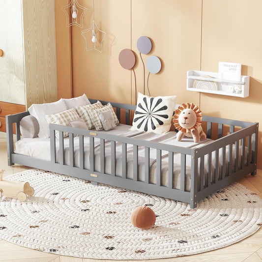 Bellemave Twin Floor Bed with Slats and Safety Guardrails, Kids Montessori Floor Beds with Fence and Without Door, Easy Assemble Floor Bed for Kids, Girls, Boys, Gary