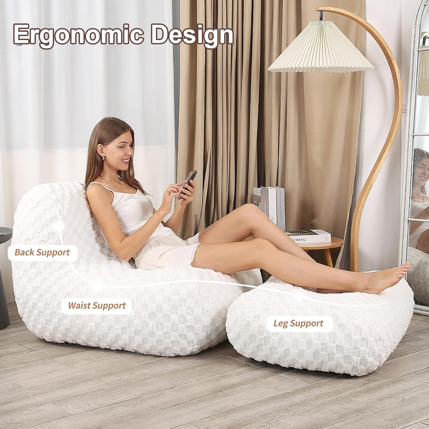 Bean Bag Chair with Footstool, Comfy Reading Sofa Chair for Adults, Modern Floor Sofa for Livingroom, Bedroom, Cream