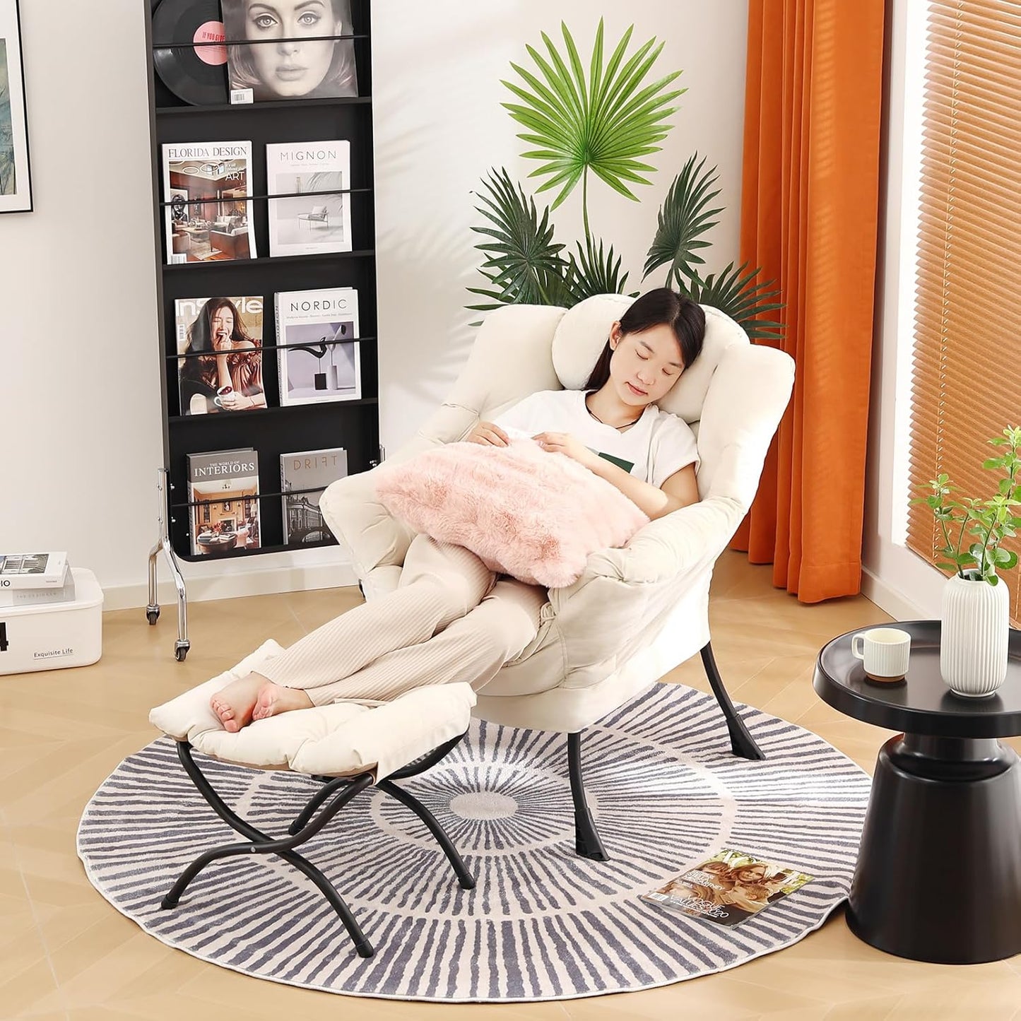 Lazy Chair with Ottoman, Modern Lounge Accent Chair with Armrests and a Throw Pillow, Leisure Sofa Chair Set, Reading Chair with Footrest for Living Room, Bedroom, Dorm Room, Office, Beige