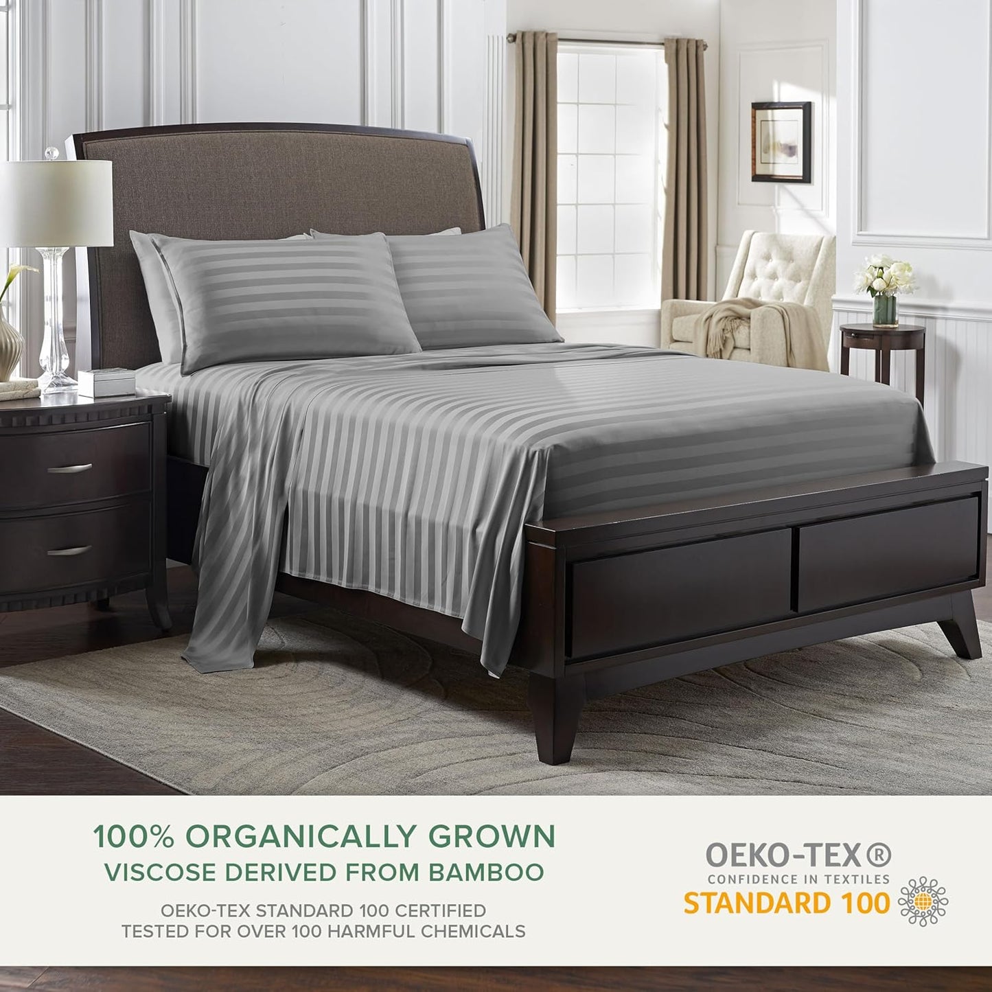 Twin Sheets by Pure Bamboo, Genuine 100% Organic Viscose Derived from Bamboo Bed Sheet Set, Luxuriously Soft & Cooling, Double Stitching, Lifetime Quality Promise (Twin, Jacquard Stone)