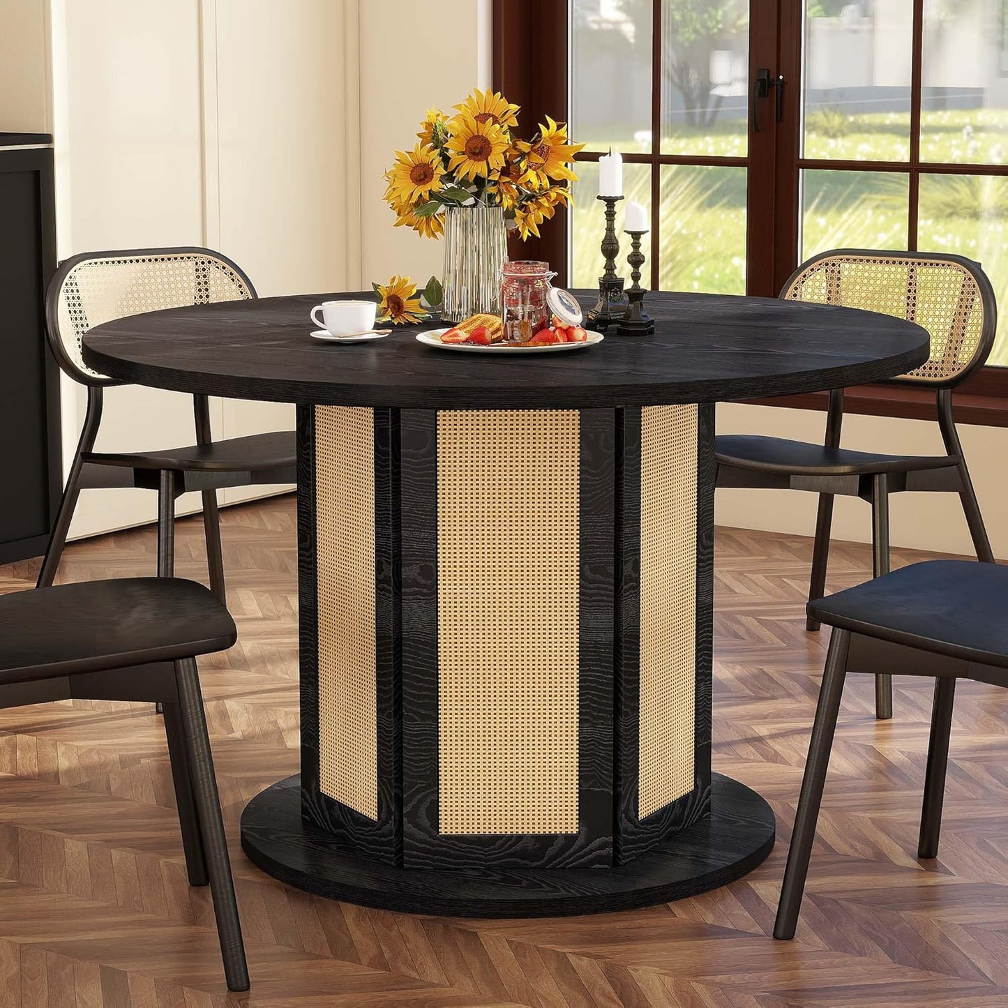 DWVO Round Dining Table for 4-6 People 47 Inch Farmhouse Kitchen Table with Rattan Circular Base Wooden Dinner Table for Dining Room Family Gathering, Black
