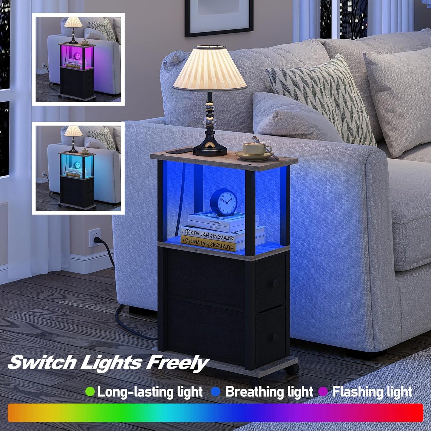 TUTOTAK Small Narrow End Tables, LED Side Tables with 2 Fabric Drawers, Set of 2, Bedside Tables with Charging Station for Small Spaces, Slim Nightstands with USB Ports and Wheels, TB01BG053L