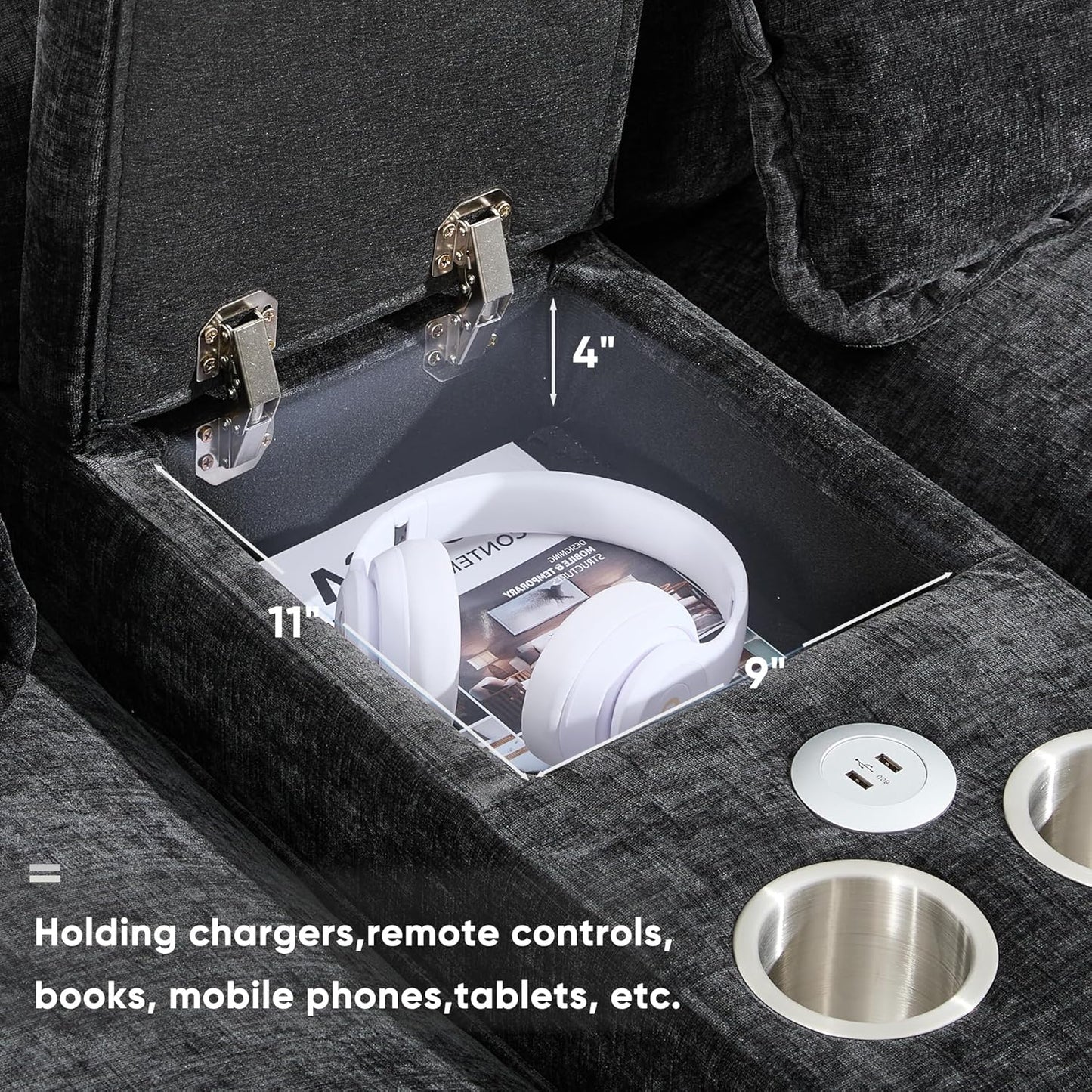 Merax Modern Sectional Sofa with Cupholders, Console and USB Charging Ports, Chenille Upholstered Sleeper Couch & Double Cushions, Symmetrical Chaise Indoor Furniture for Living Room, Apartment, Black