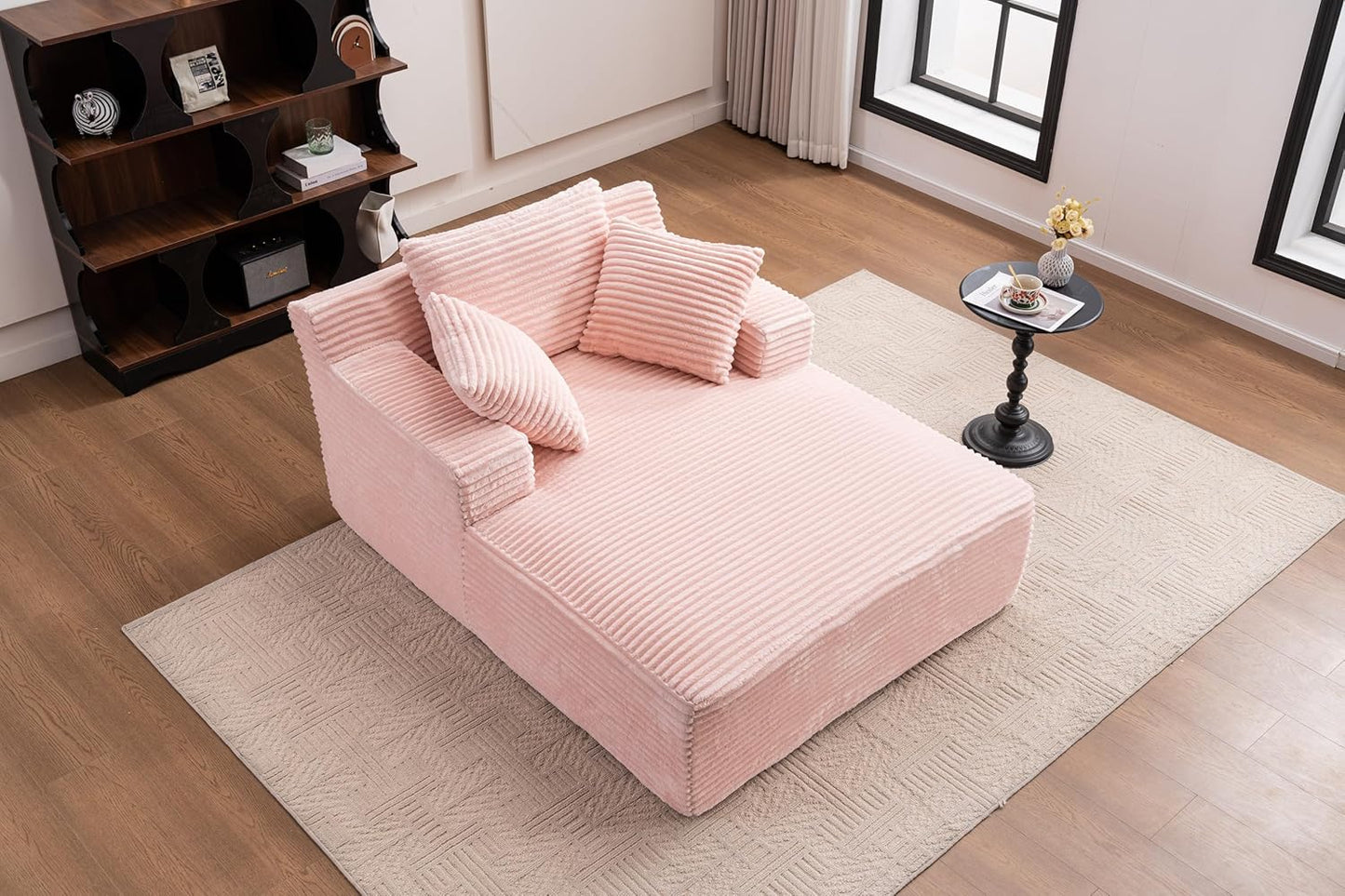 Oversized Chaise Daybed Lounge Sleeper Chair Sofa Bed Indoor, Fluffy Corduroy Upholstered Sleeper Recliner Sofabed Extra Wide Full Foam Cloud Sofabed W/3 Pillows for Home/Apartment Living Room Bedroom