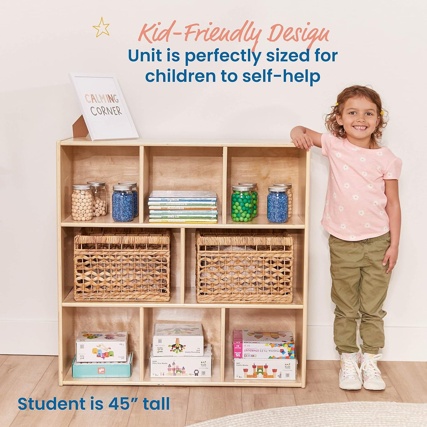 ECR4Kids Streamline 8-Compartment Storage Cabinet, 36in, Classroom Furniture, Natural