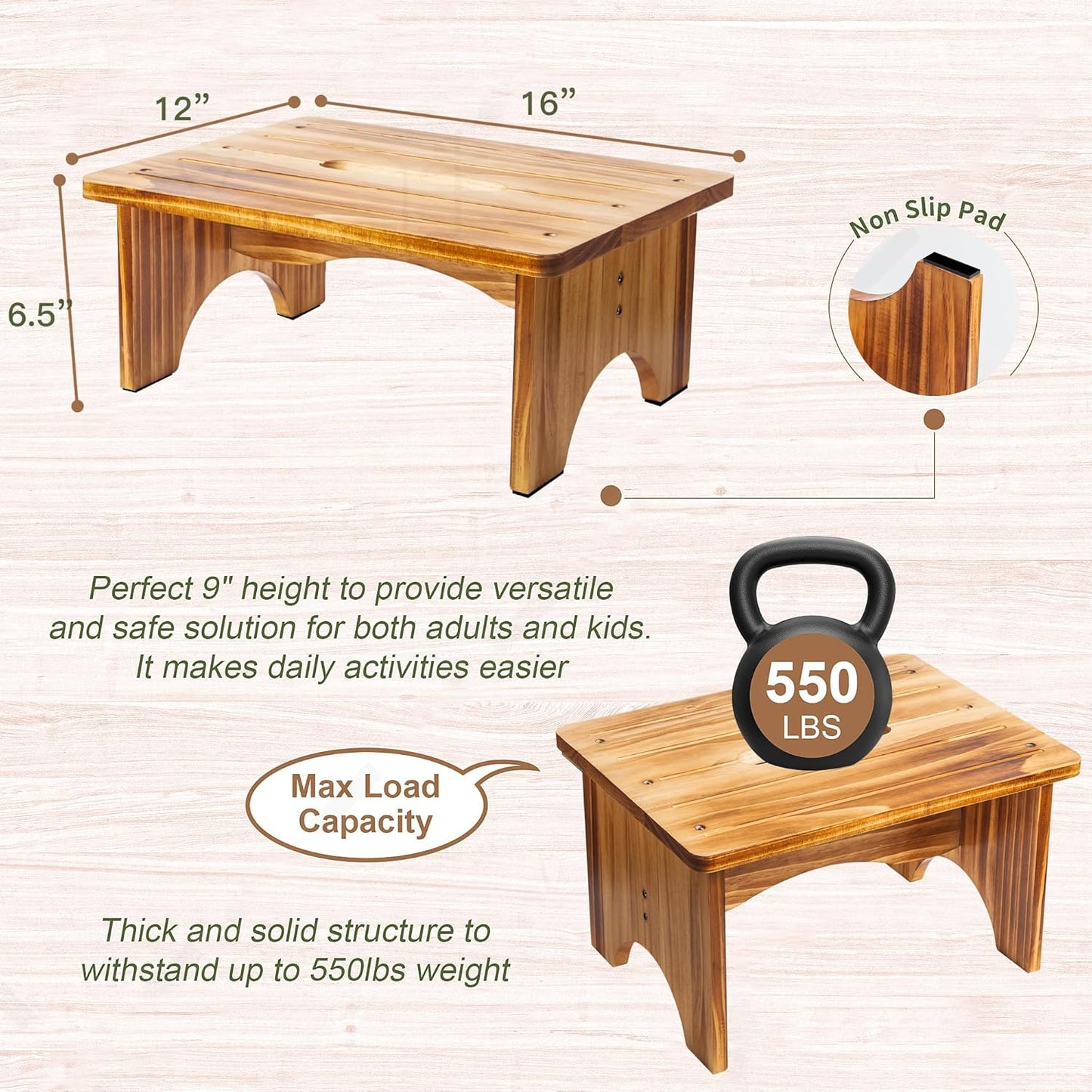 Wooden Step Stool for Adults, 6.5" Portable Wood Step Stool for Kids, Heavy Duty One Step Bedside Stool with 550 Lbs Load Capacity, Non-Slip White Foot Stool for Kitchen Bathroom Bedroom