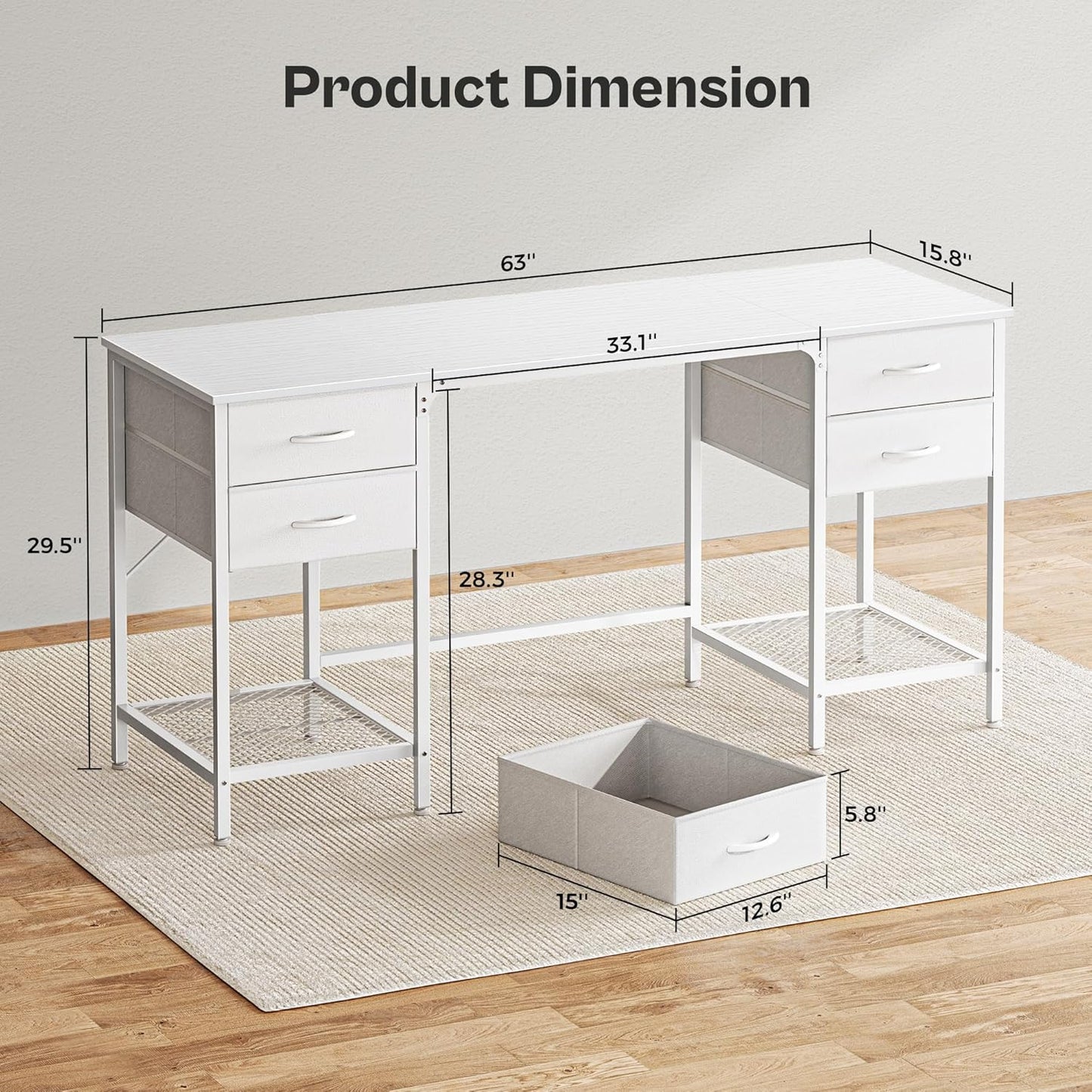 Huuger 63 Inch White Desk with 4 Drawers, Vanity Desk with Mesh Shelf, Large Storage, Computer Desk Office Desk for Home Office, Bedroom, Work from Home