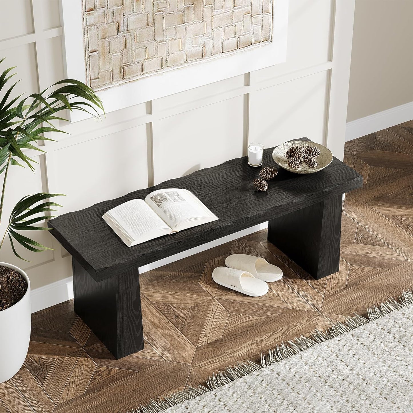 LITTLE TREE 47-Inch Wooden Entryway Bench, Farmhouse Dining Bench with Sturdy Frame for Dining Room, Bedroom, Living Room Hallway Kitchen, Easy Assembly (Black)