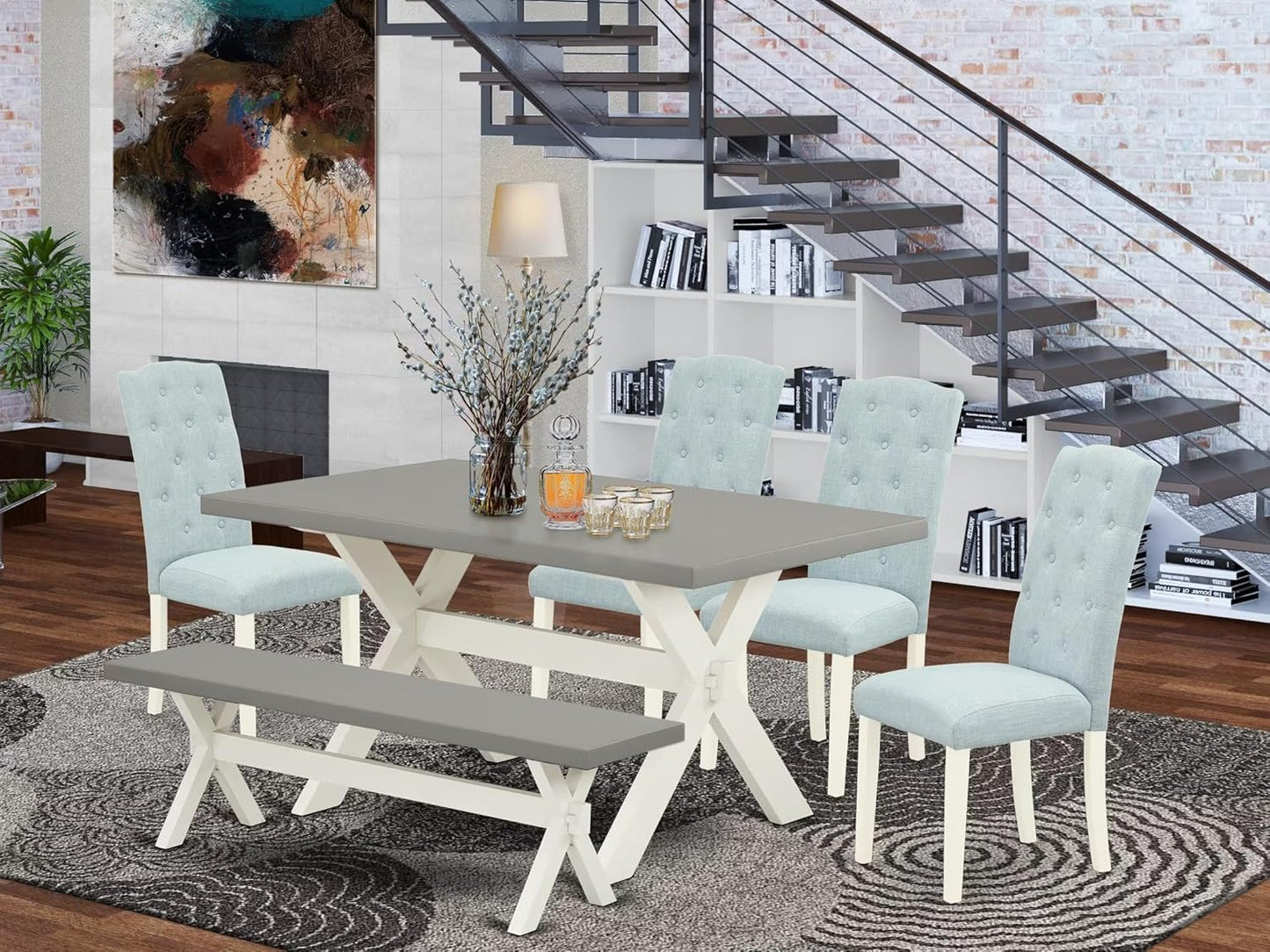 East West Furniture X097CE215-6 6 Piece Dining Room Table Set Contains a Rectangle Kitchen Table with X-Legs and 4 Baby Blue Linen Fabric Parson Chairs with a Bench, 40x72 Inch, Multi-Color