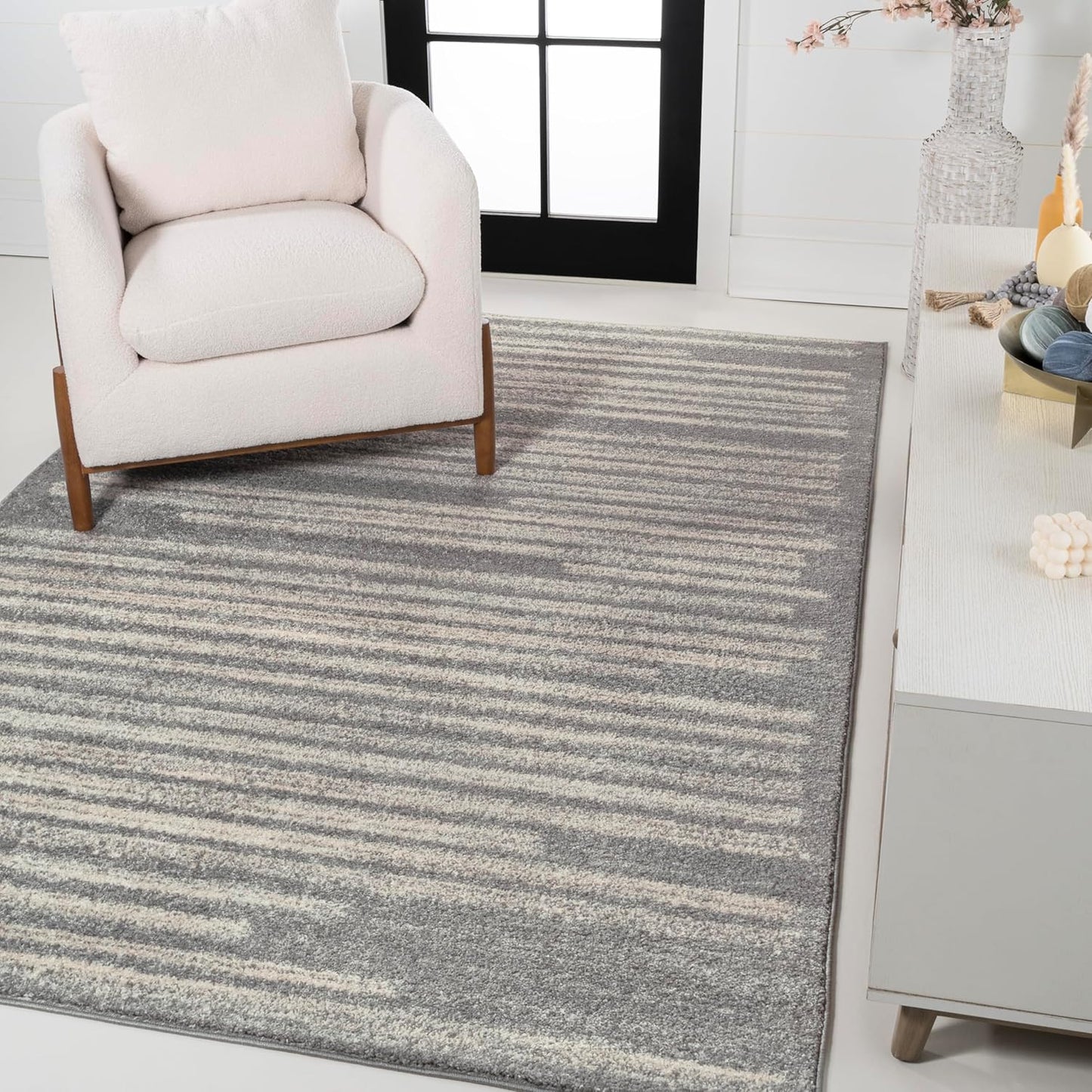 JONATHAN Y Khalil Modern Berber Stripe Gray/Cream Indoor Area Rug, 8x10, Contemporary, Bohemian, Easy-Cleaning for Living Room, Bedroom, Kitchen, Pet Friendly, Non-Shedding (MOH207G-8)