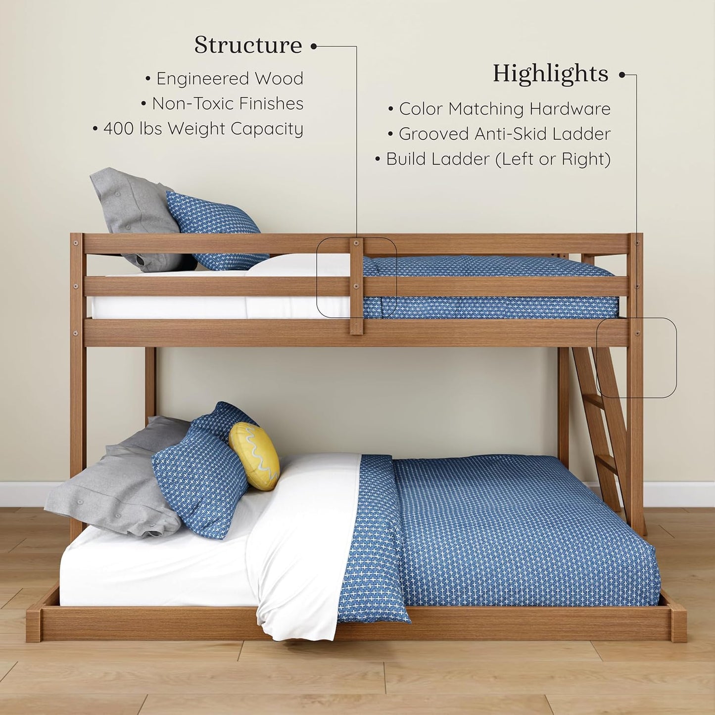 Grain & Grove Bear Twin Over Full Bunk Bed, Low Bunk Bed Frame for Kids, Bunk with Ladder, Guardrail, and Slats, No Box Spring Required, Oak Embossed Pecan