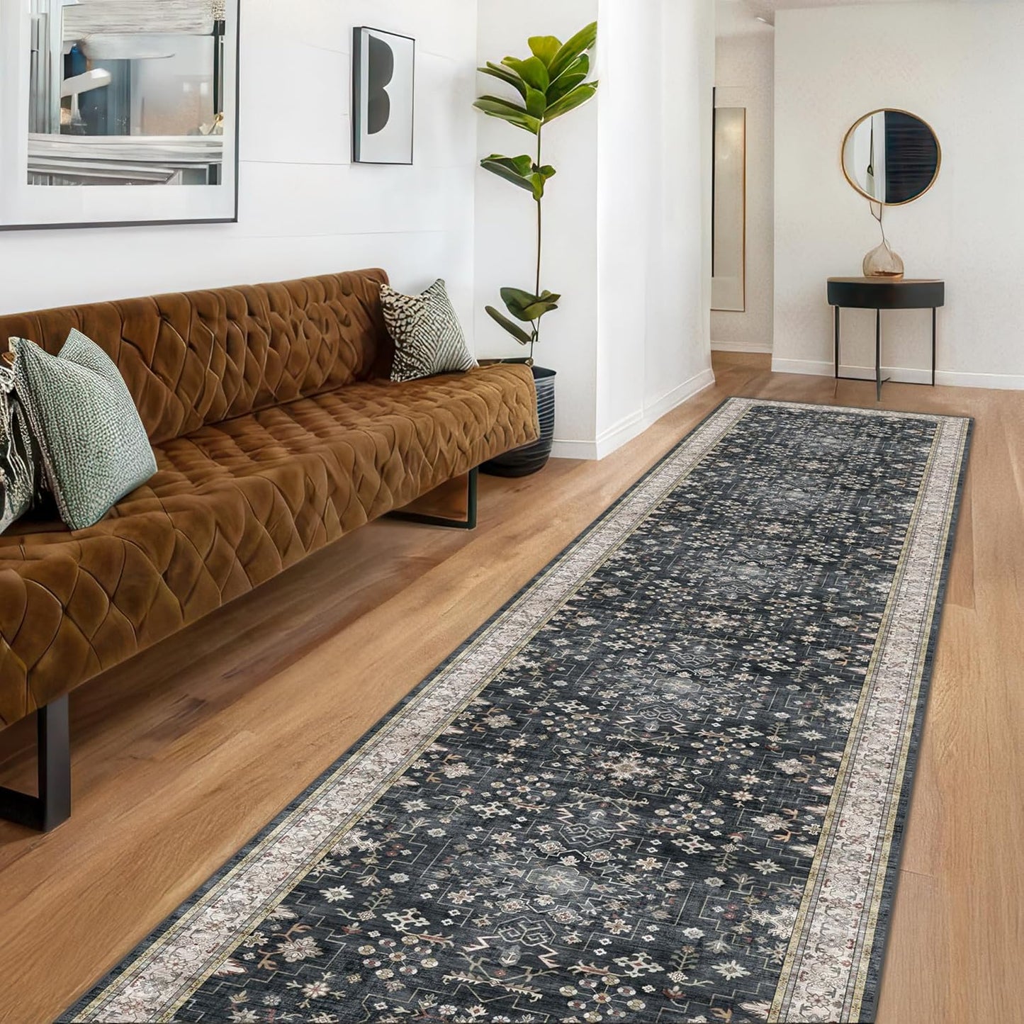 Black Boho Washable 3x12 Extra Long Runner Rug for Hallway, Waterproof Large Kitchen Floor Rug, Non-Slip Stain & Fade Resistant, Vintage Floral Decor