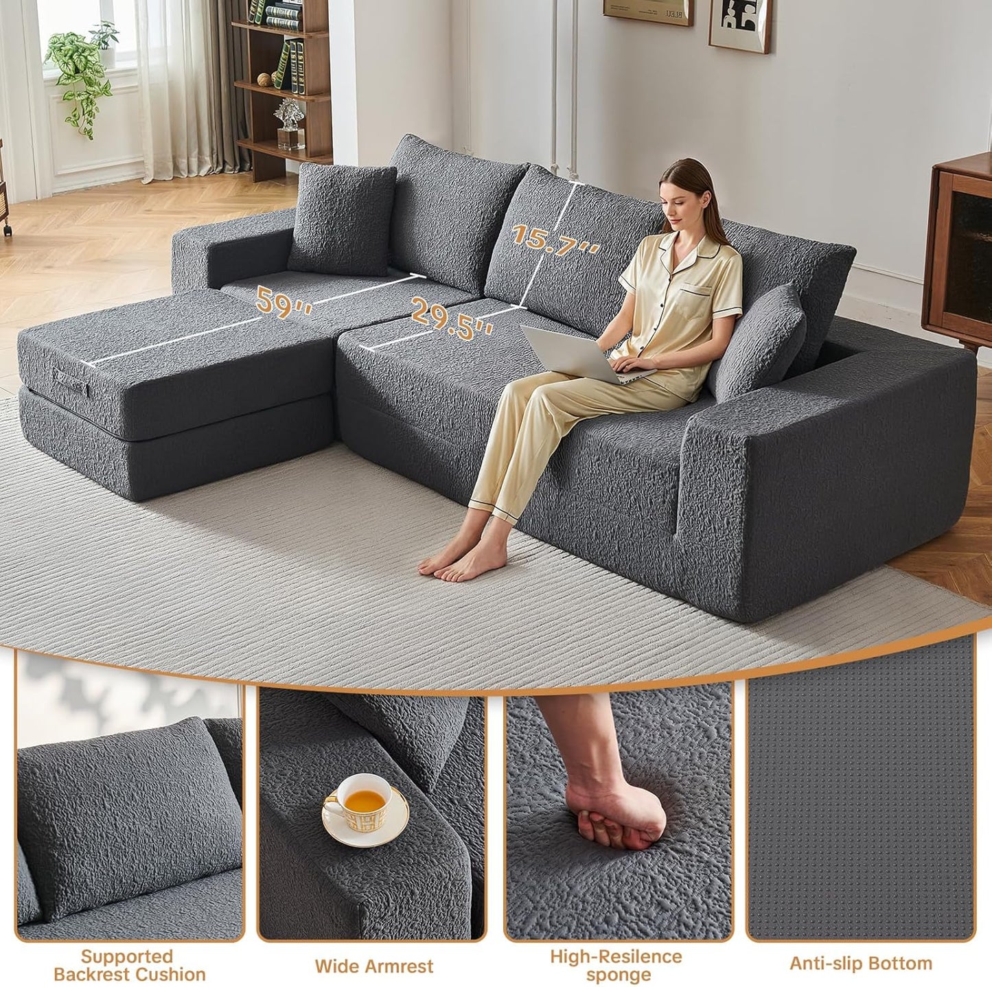 108" Modular Sectional Cloud Sofa - Boneless Couch with Deep Seat, Non Slip Base, Folding Sofa Sectional Couches for Living Room, Cozy Modular Couch with L-Shape Chaise, No Assembly Required, Grey