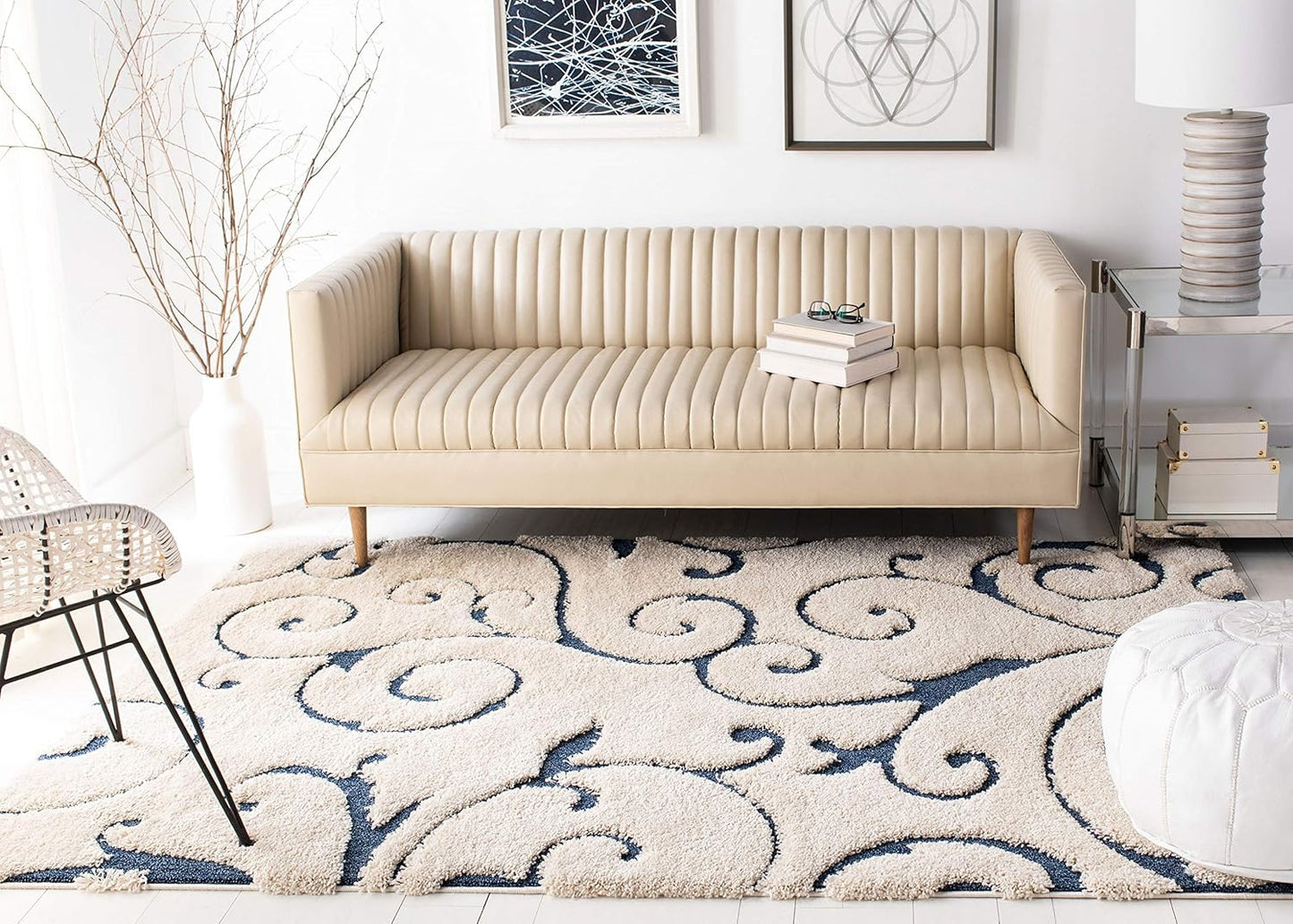 SAFAVIEH Florida Shag Collection Accent Rug - 3'3" x 5'3", Cream & Blue, Scroll, Non-Shedding & Easy Care, 1.2-inch Thick Ideal for High Traffic Areas in Entryway, Living Room, Bedroom (SG455-1165)