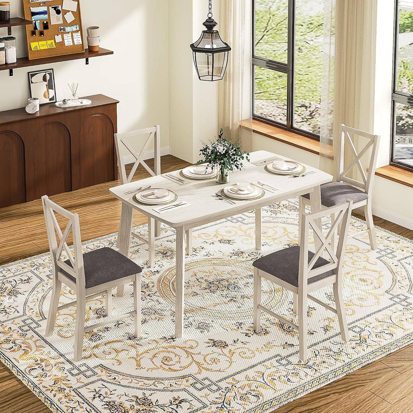 5-Piece Dining Table Set for 4, Solid Wood Kitchen Table Set with 4 Upholstered Dining Chairs, 47'' Farmhouse Structure Table & Chair Set for Kitchen, Dining Room, Restaurant, Washed Gray