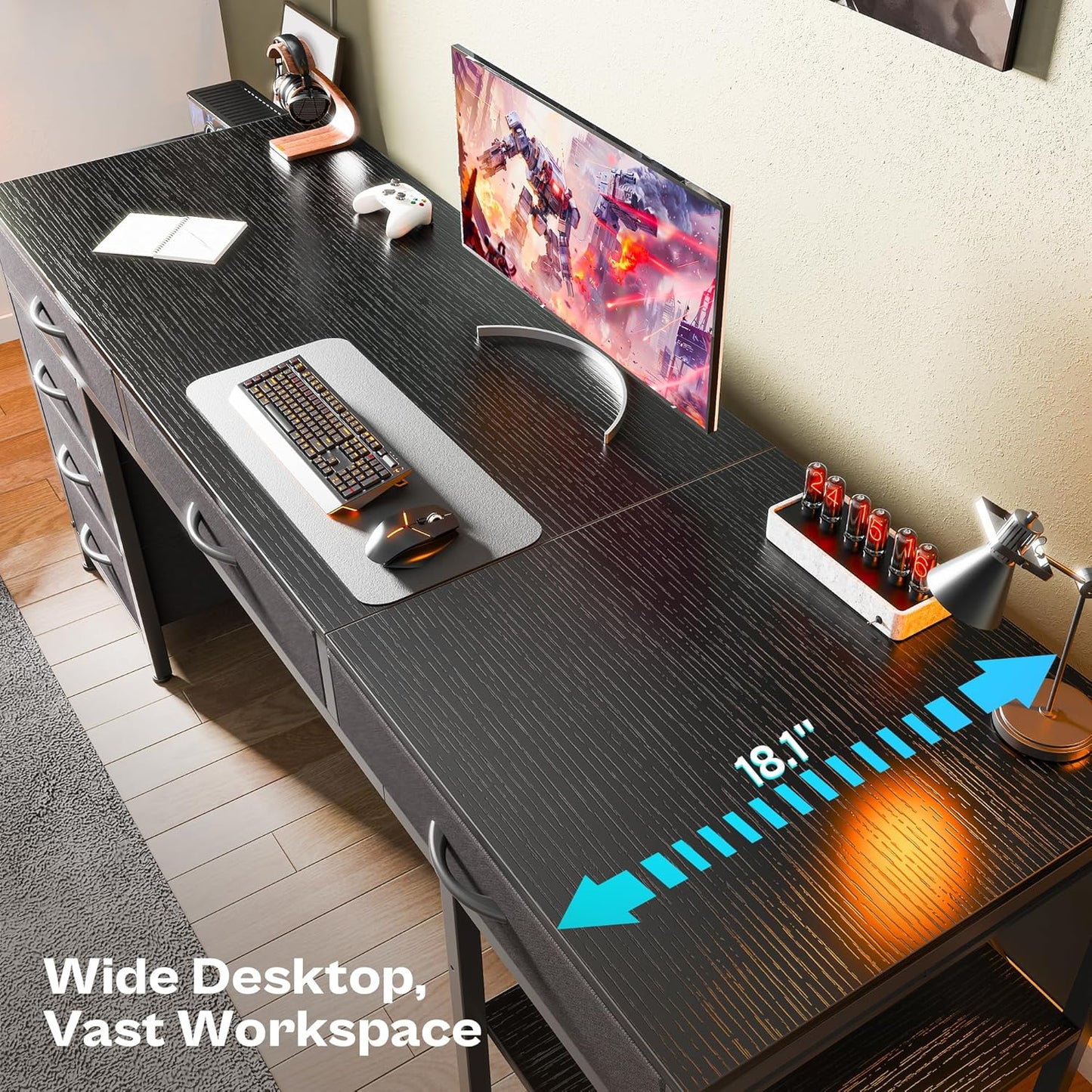 Huuger Computer Desk with 6 Drawers, 63 Inch Office Desk with Shelves, Reversible Gaming Desk, Corner Desk with Storage, for Home Office, Study, Living Room, Black