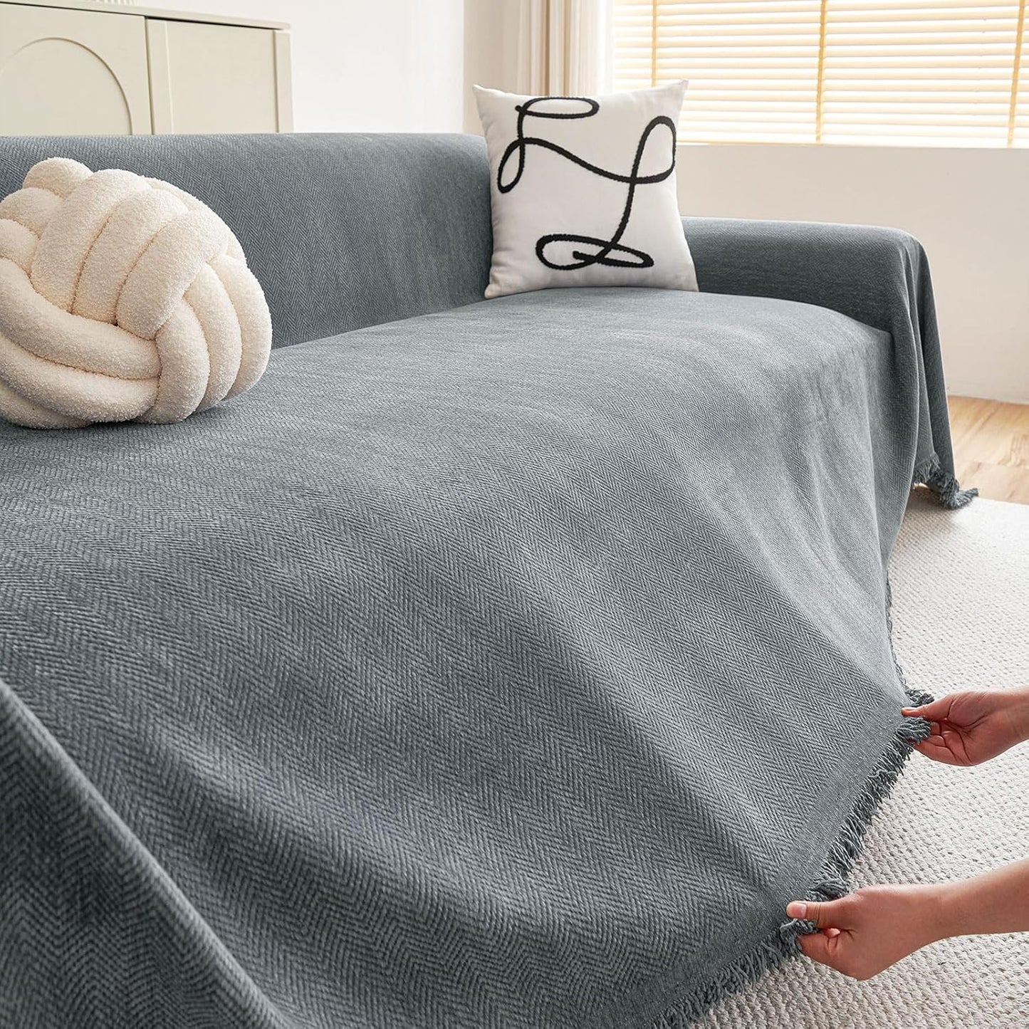 hyha Couch Cover for Dogs, Boho Sofa Covers for 3 Cushion Couch Washable, Chenille Sofa Slipcover for Pets, Soft Loveseat Sectional Couch Throw Blankets with Tassels (Grey, 88.5x118 Inch)