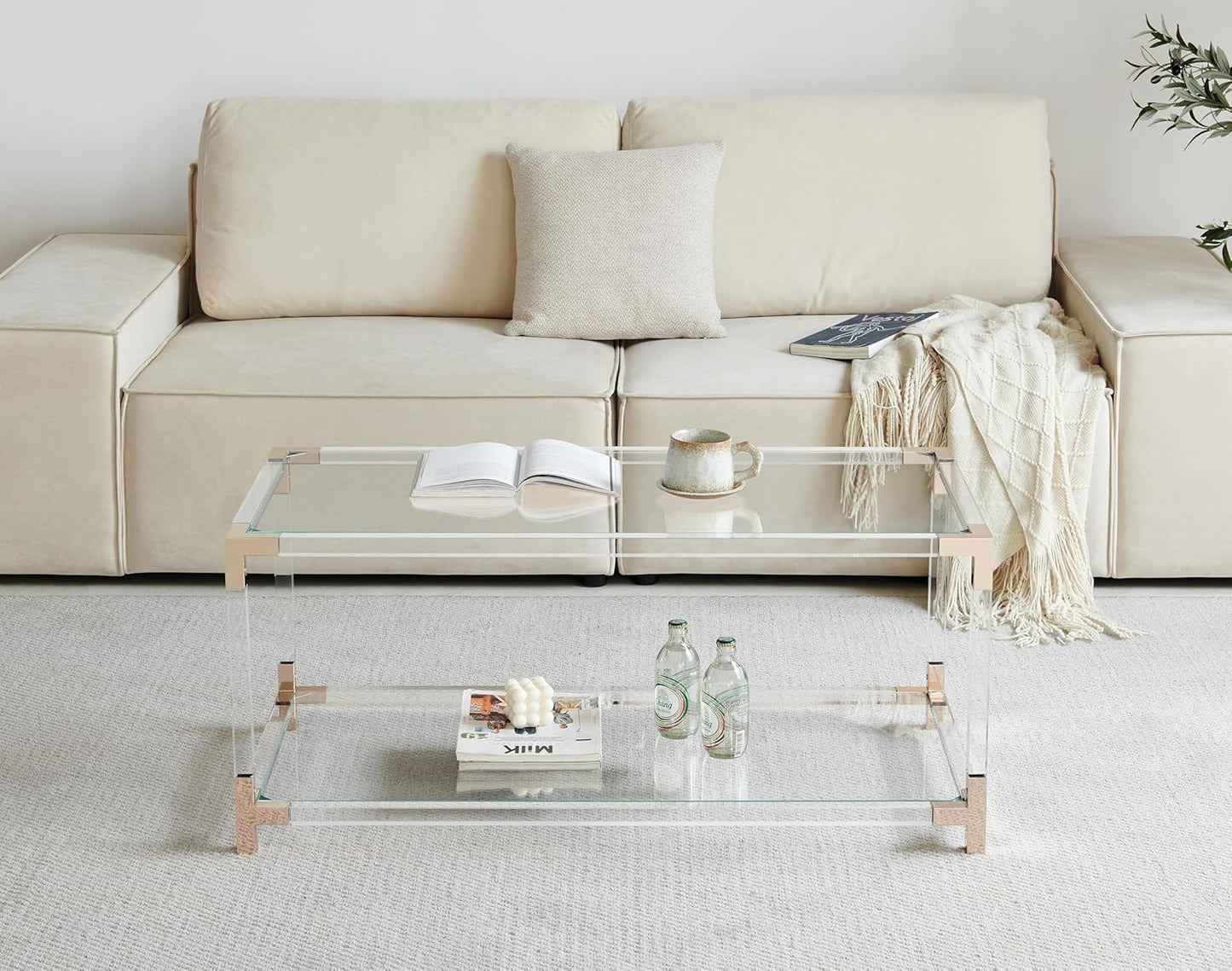 Saint Mossi Glass Coffee Table Living Room, Modern Double Layer Glass Living Table for Living Space, L41 x W21 x H16, Clear Glass Top, Clear Acrylic Leg & Rose Gold Frame