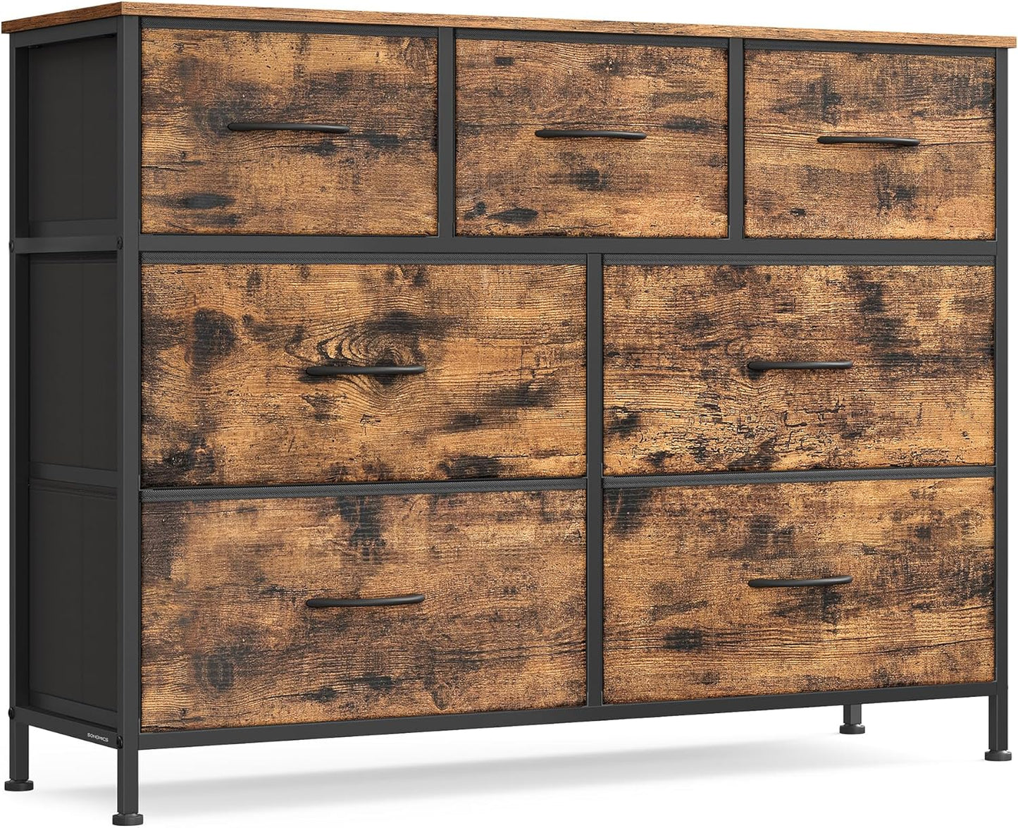 SONGMICS Dresser for Bedroom, Chest of Drawers, TV Stand, Steel, MDF, 7 Non-Woven Fabric Drawers, Storage Organizer Unit, Closet, Entryway, Rustic Brown and Ink Black ULGS323B02S