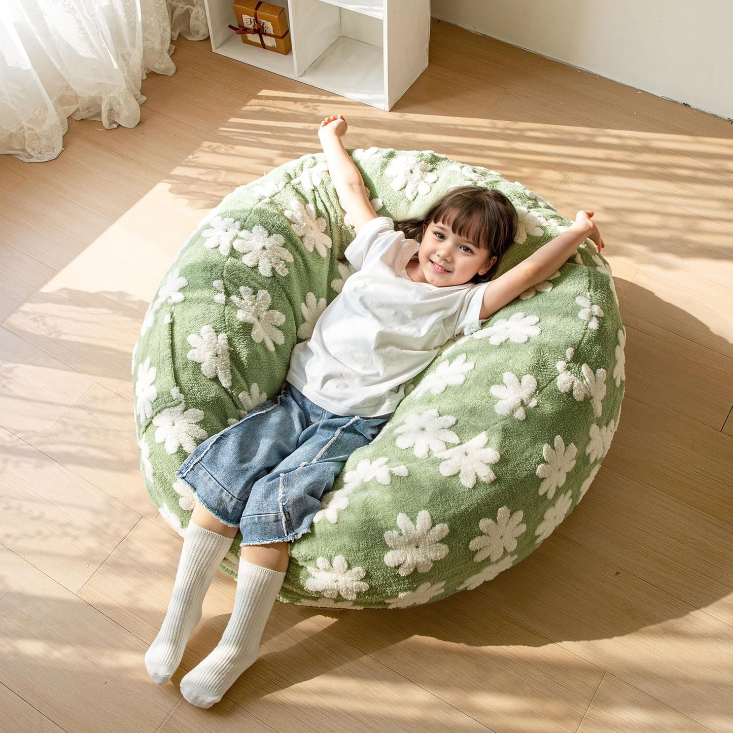 MAXYOYO Bean Bag Chair for Kids, Floral Pattern Lazy Chair with High-Density Foam Filling, Stuffed Floor Sofa Couch for Boys and Girls, Child Floor Sofa for Gaming, Reading, Green