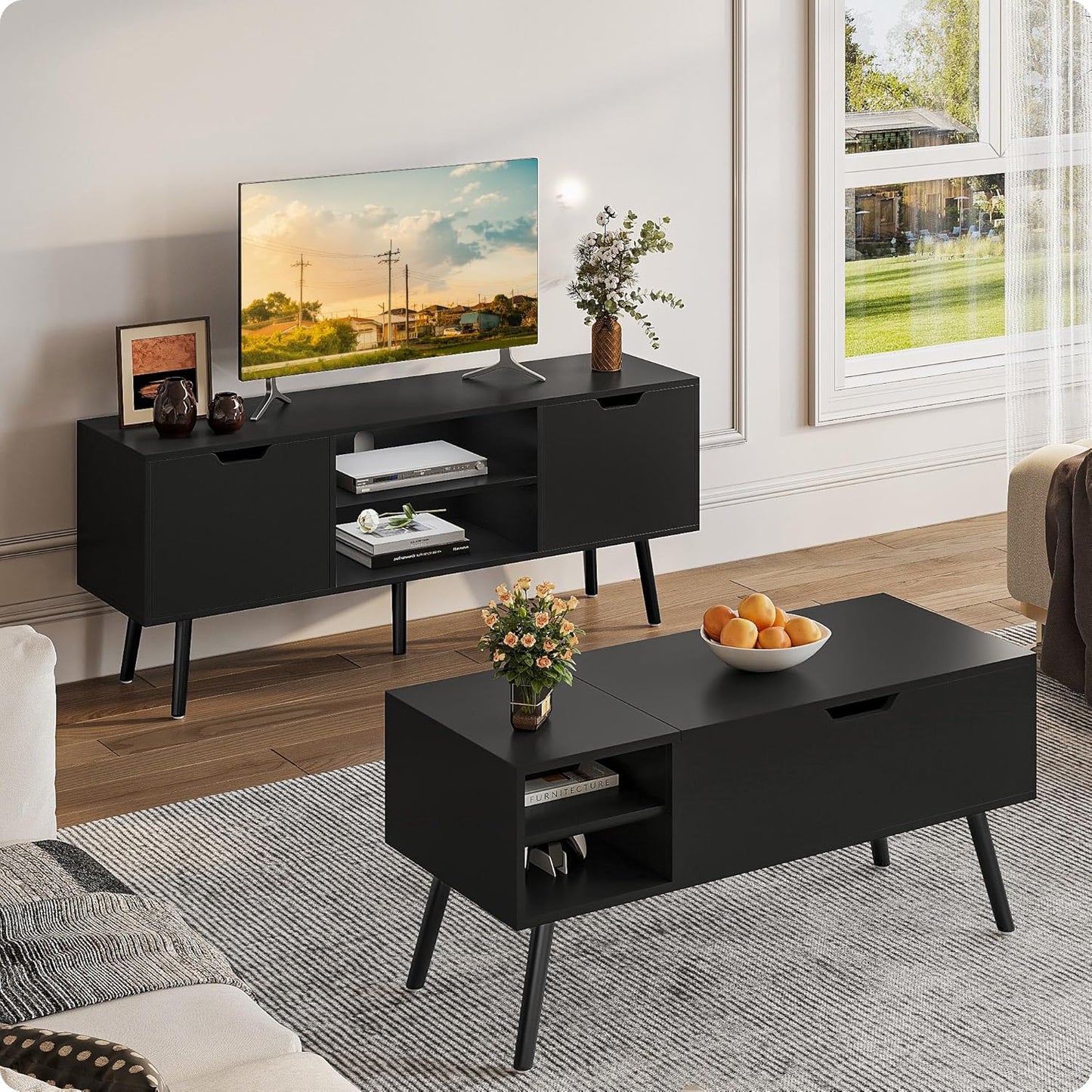 ALINE FURNITURE Black TV Stand with Storage - Media Console Cabinet for 50 55 60 Inch TVs - Entertainment Center - Wood TV Stands for Living Room