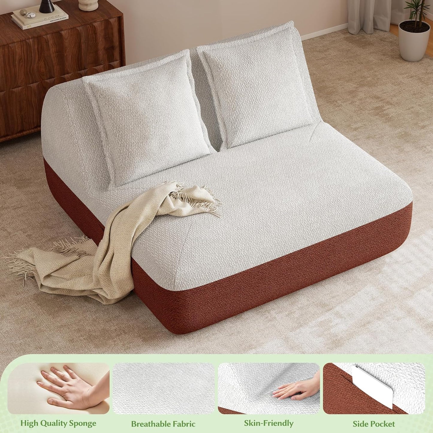 Hobestluk Small Sofa Couch Lounge Sofa Chair for Living Room, Comfy Memory Foam Couch, Mini Sofa with Side Pocket for Living Room, Bedroom (Terracotta+Beige)