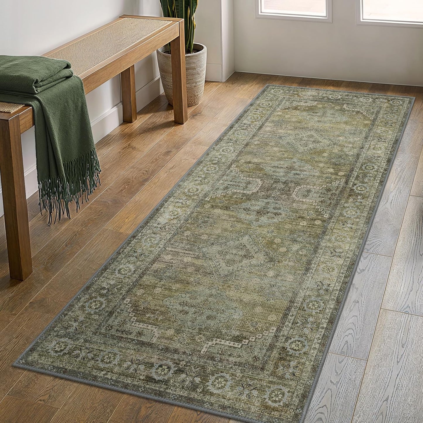 GENIMO Runner Rug 2x12 Non Slip Machine Washable Vintage Hallway Runner Rugs, Low Pile Lightweight Mat for Living Room, Entryway, Bedroom, Kitchen and Corridor, Distressed Sage