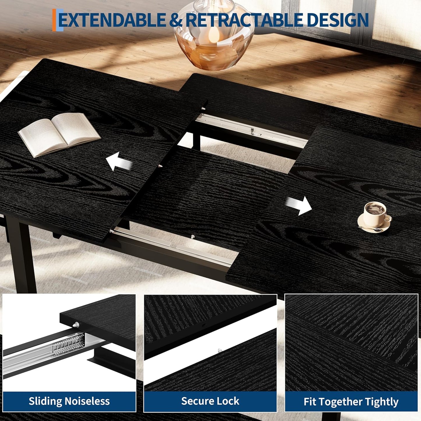 Garvee 5 PCs Extendable Dining Table Set for 4-8 People, 63 Inch Kitchen Table with 2 Benches & 2 Stools, Modern Dining Room Furniture, Easy Assembly Metal Frame