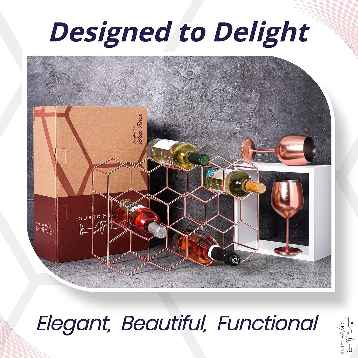 Gusto Nostro Countertop Wine Rack - 14 Bottle Freestanding Modern Metal Wine Rack - 3 Tier Tabletop Wine Holder Stand for Cabinet, Pantry Wine Bottle Storage - No Assembly Required (Small, Rose Gold)