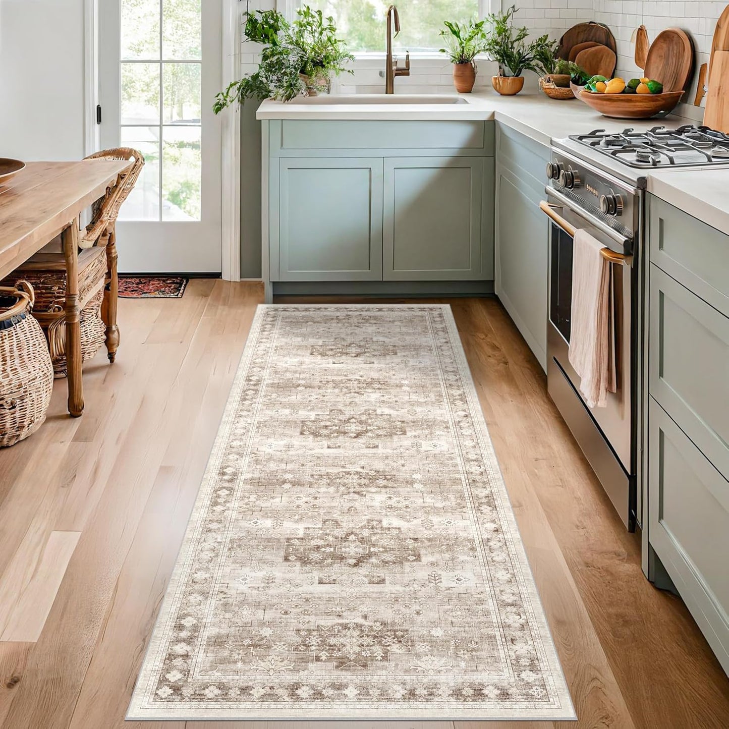 Boho Long Bathroom Runner Rug 24 x 72 Washable Non Slip - Soft Stain Reistant Rugs for Kitchen, Laundry Room, Hallway Runner - Neutral Floral Design Décor (2x6 Beige/Latte)