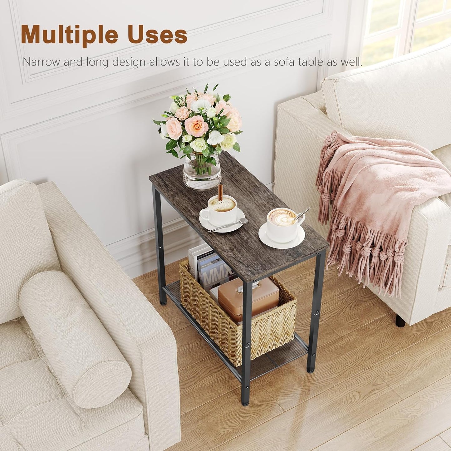 Hoctieon 2 Tier End Table, Sofa Side Table, Narrow Side Table with Storage, Slim Nightstand for Small Spaces, Metal Frame, for Living Room, Bedroom, Sofa Couch, Hall, Grey