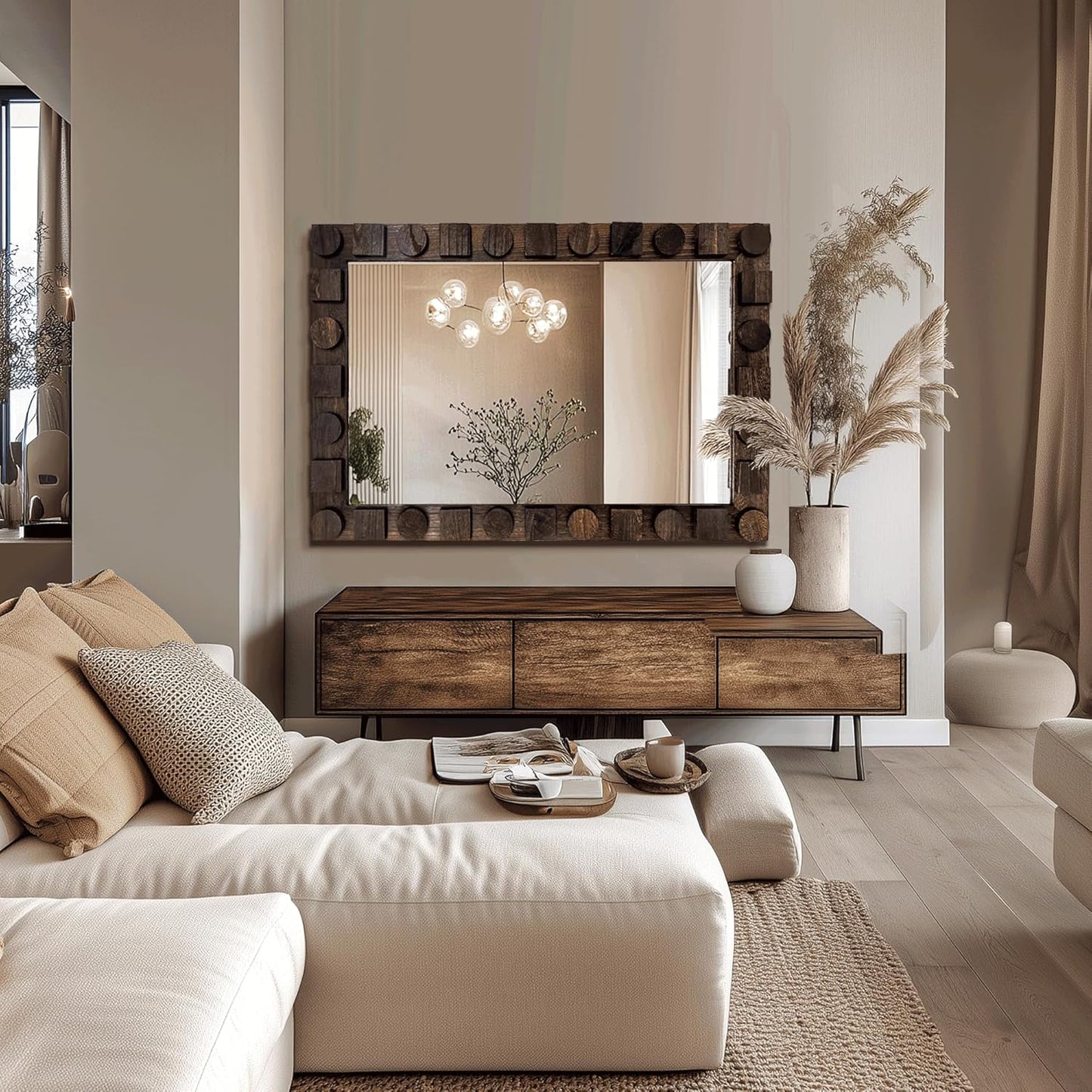 56x24 Inch Handcrafted Solid Wood Square Wall Mirror with Geometric Wood Inlay Design, Rustic Natural Texture for Bathroom, Bedroom, Living Room Decor