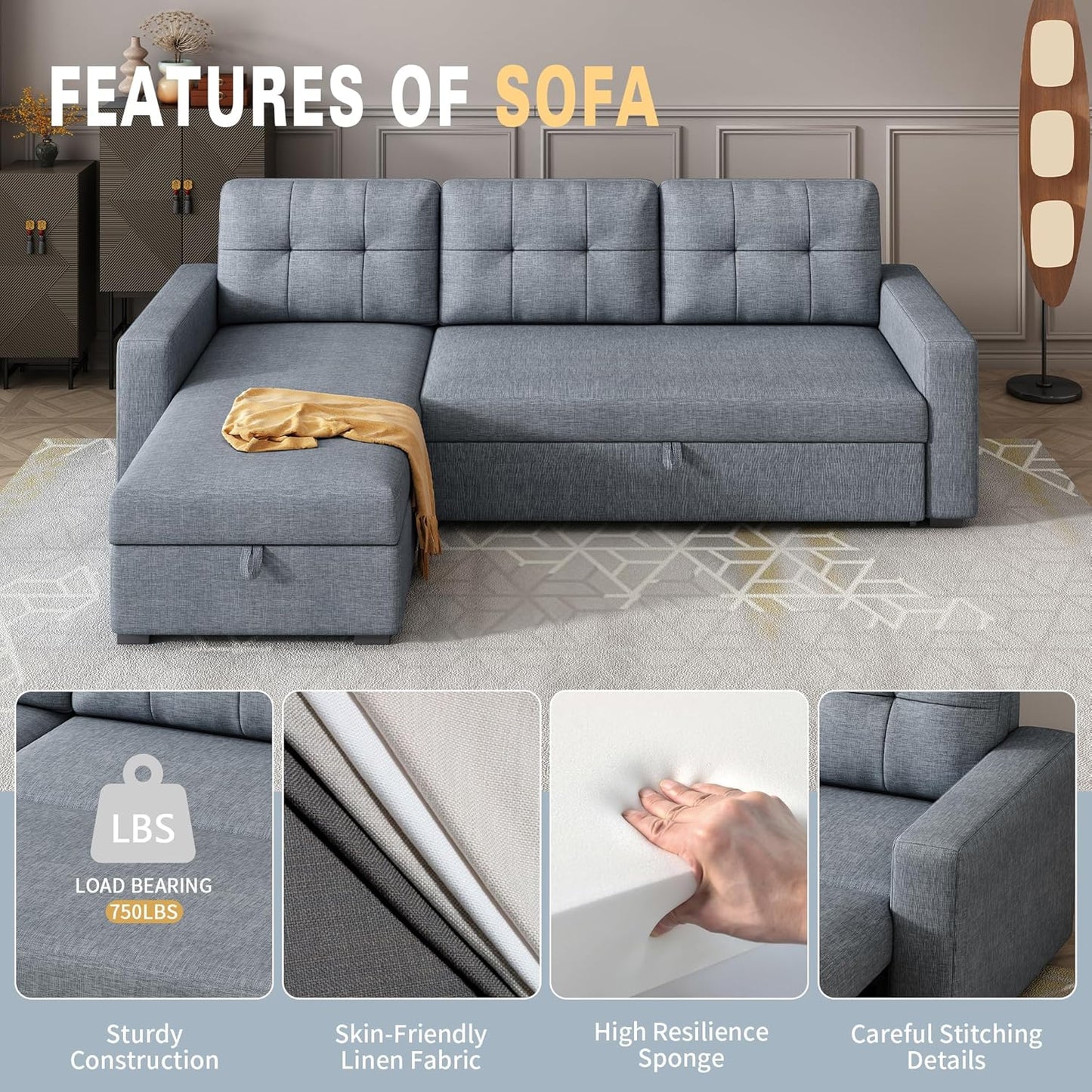 Ball & Cast L-Shape Reversible Sectional Sleeper Sofa Bed,Linen Upholstered 4 in 1 Pull Out Couch with Storage Chaise & Removable Back Cushions,Convertible Corner Sectionals for Living Room,Office