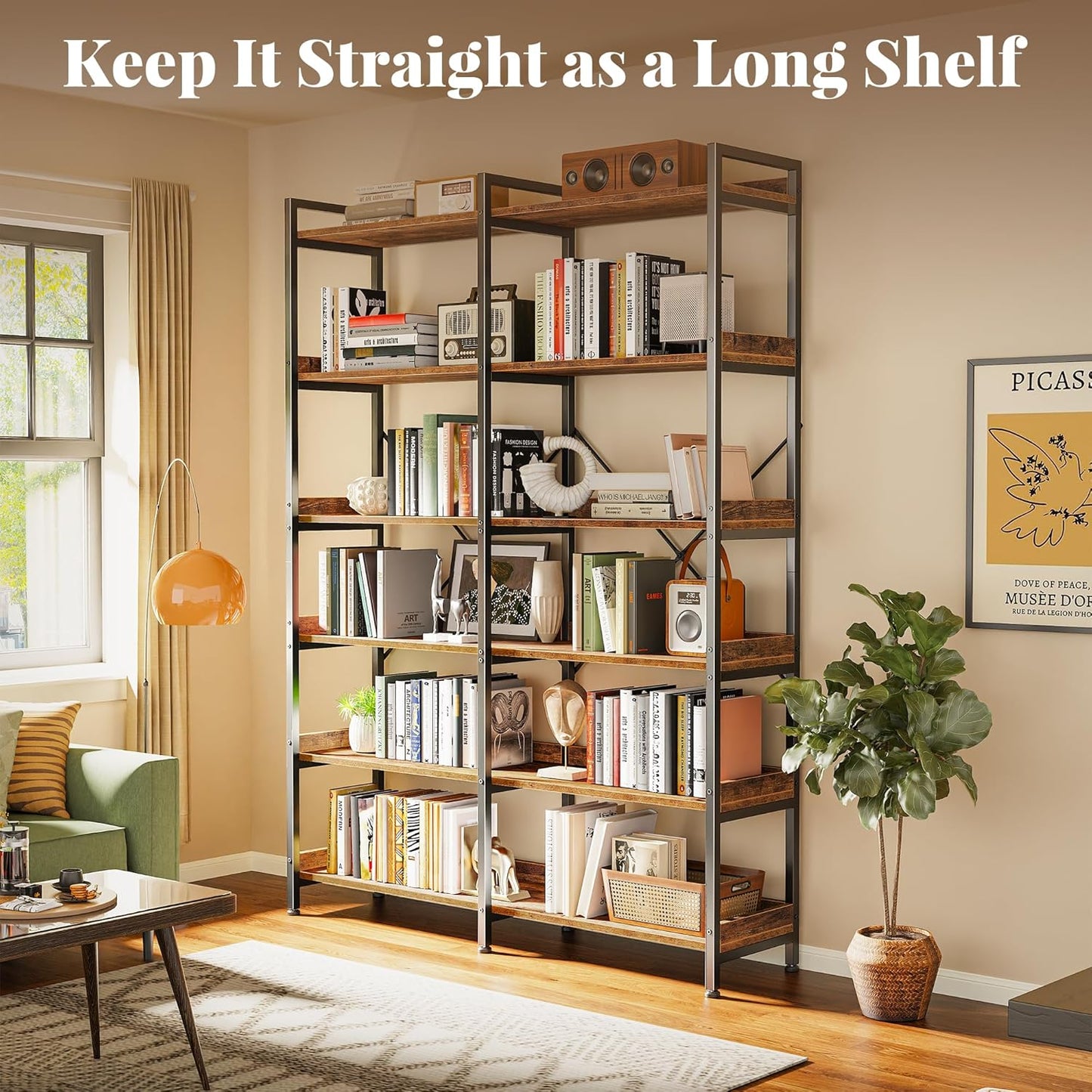 Huuger 6 Tier Bookshelf, Corner Bookshelf with 12 Open Shelves and Raised Baffle, 47.2 Inch Straight Wide Bookcase with Metal Frame and Wooden Board, Adjustable Feet, Rustic Brown