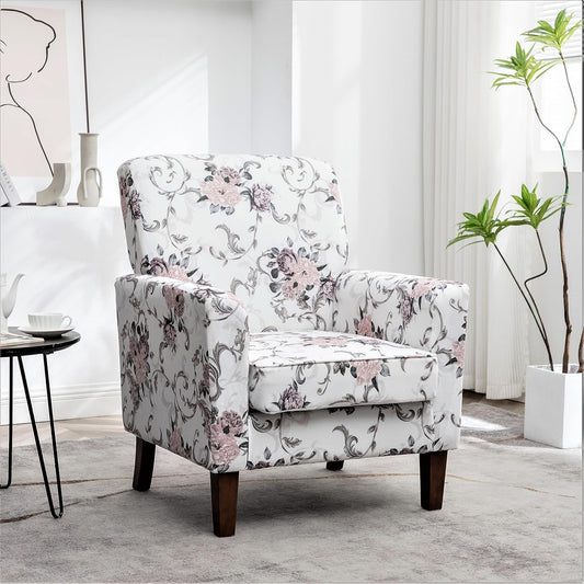 Container Furniture Direct Contemporary Accent Arm Chair with Birch Wood Frame and Velvet Upholstery, Armchair for Office and Living Room Decor, Removable Cushions, 06 Printed Fabric