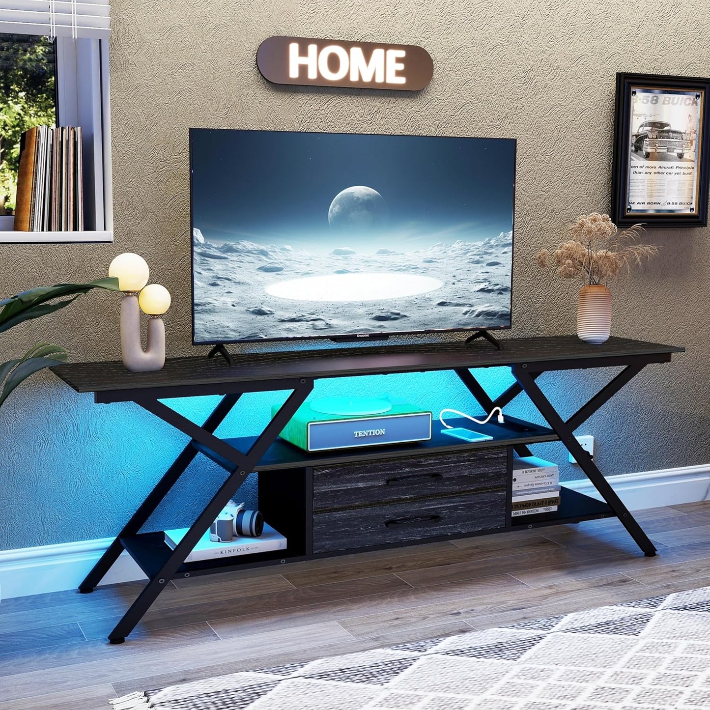 TV Stand with Power Outlet and LED Lights, Fits TVs up to 65”, 2 Fabric Drawers Entertainment Center with Open Storage Shelves, Media Console for Living Room, Bedroom (Charcoal Black)