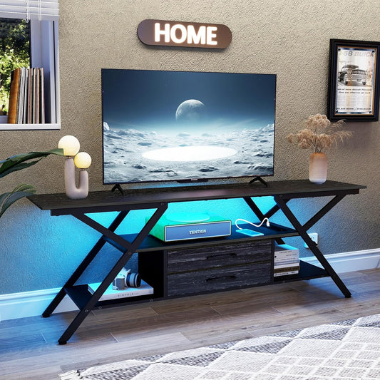 TV Stand with Power Outlet and LED Lights, Fits TVs up to 65”, 2 Fabric Drawers Entertainment Center with Open Storage Shelves, Media Console for Living Room, Bedroom (Charcoal Black)