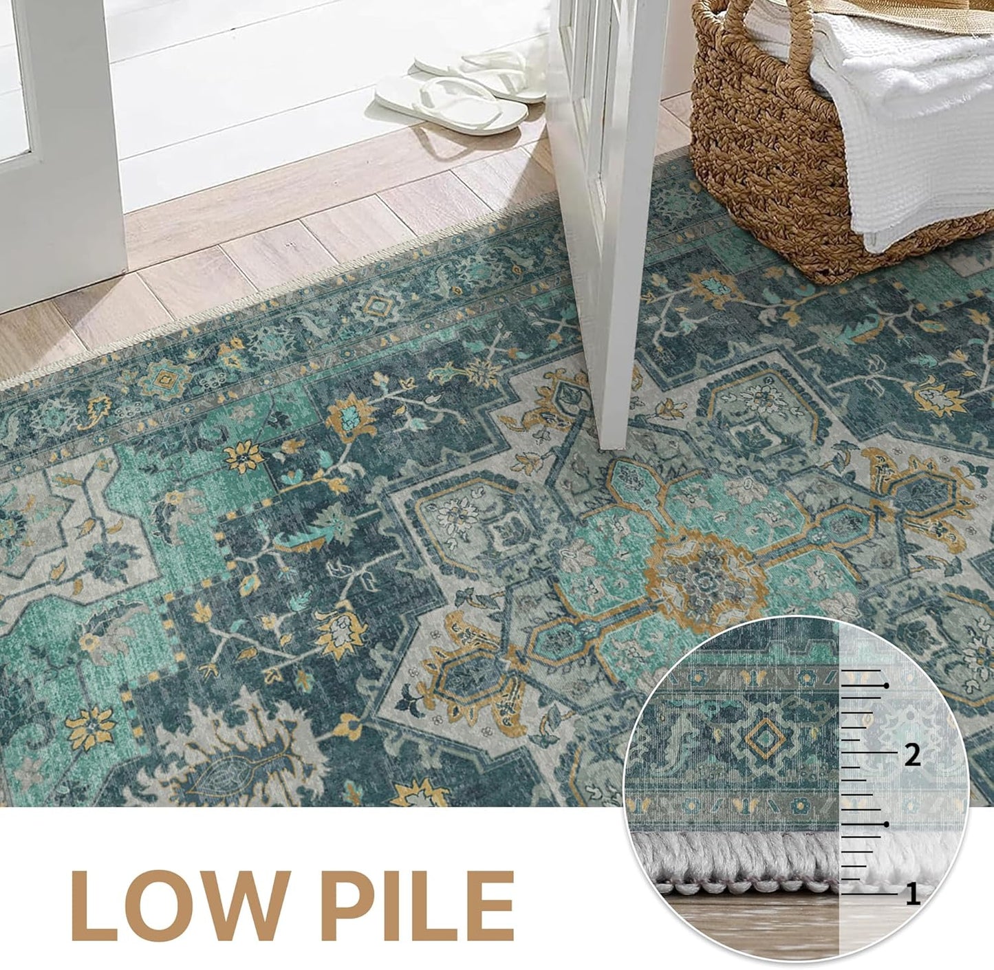 GENIMO 3x5 Area Rugs for Living Room, Machine Washable Non Slip Vintage Rugs, Low Pile Lightweight Chenille Print Rug for Bedroom, Dining Room, Home Office, Dark Green