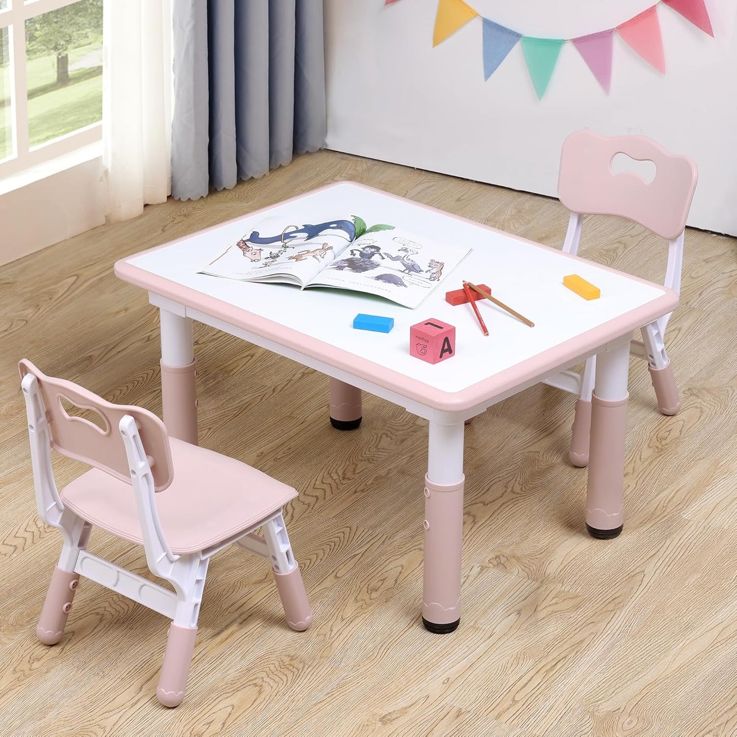Adjustable Kids Table & Chairs Set for Ages 3-8 | 31.5"x23.6" Easy-Clean Activity Table | Meets ASTM/CPSC Standards for Daycare, Homeschool & Playroom (Pink, 2 Chairs)