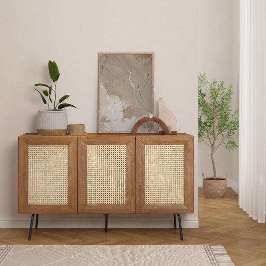 NTC MOSSIC Modern Sideboard with 3 Doors, Natural Rattan Storage Cabinet, Buffet with Metal Legs, Boho Accent Cabinet for Living Room, and Entryway, Effortless Assembly, Teak Look