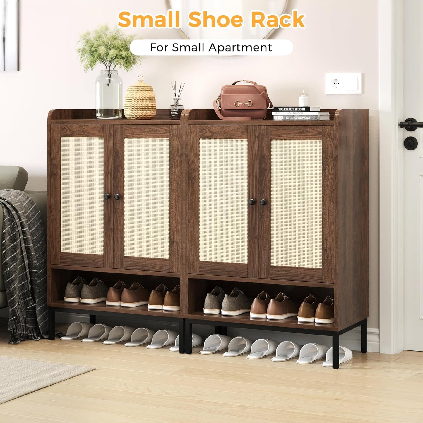 Rattan Shoe Cabinet Storage for Entryway, Shoe Cabinet with Adjustable Shelves for Entryway, 5-Tier, 20 Pair Shoe Rack Storage for Hallway, Closet, Living Room, Brown
