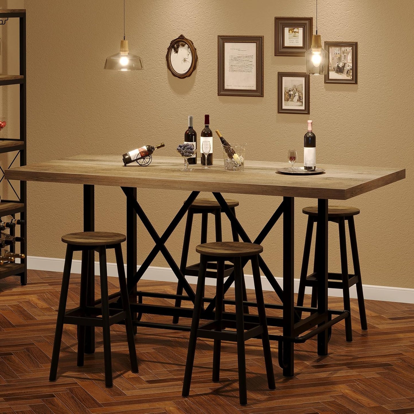 Tribesigns Bar Table, Industrial Counter Height Pub Table with Metal Footrest, 63-Inch Rectangle Wood Kitchen Dining Table with Sturdy Metal Frame for Dining Room, Home Bar (Gray)