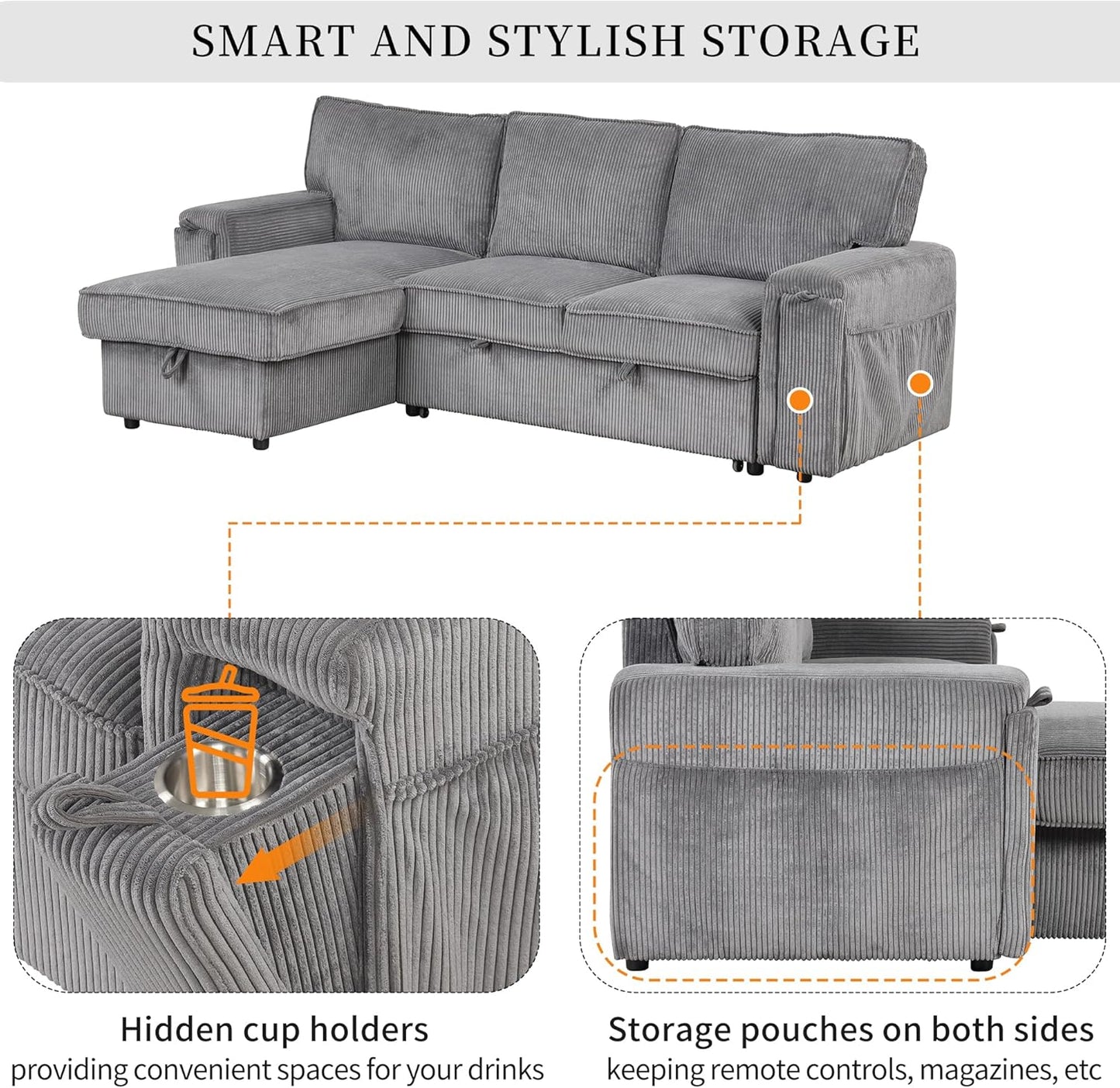 96.1 Inch L-Shaped Convertible Sectional Sleeper Sofa with Pull Out Bed, Storage Bags and 2 Hidden Cup Holders on Arms, Upholstered Corner Couch for Living Room Office Apartment, Gray