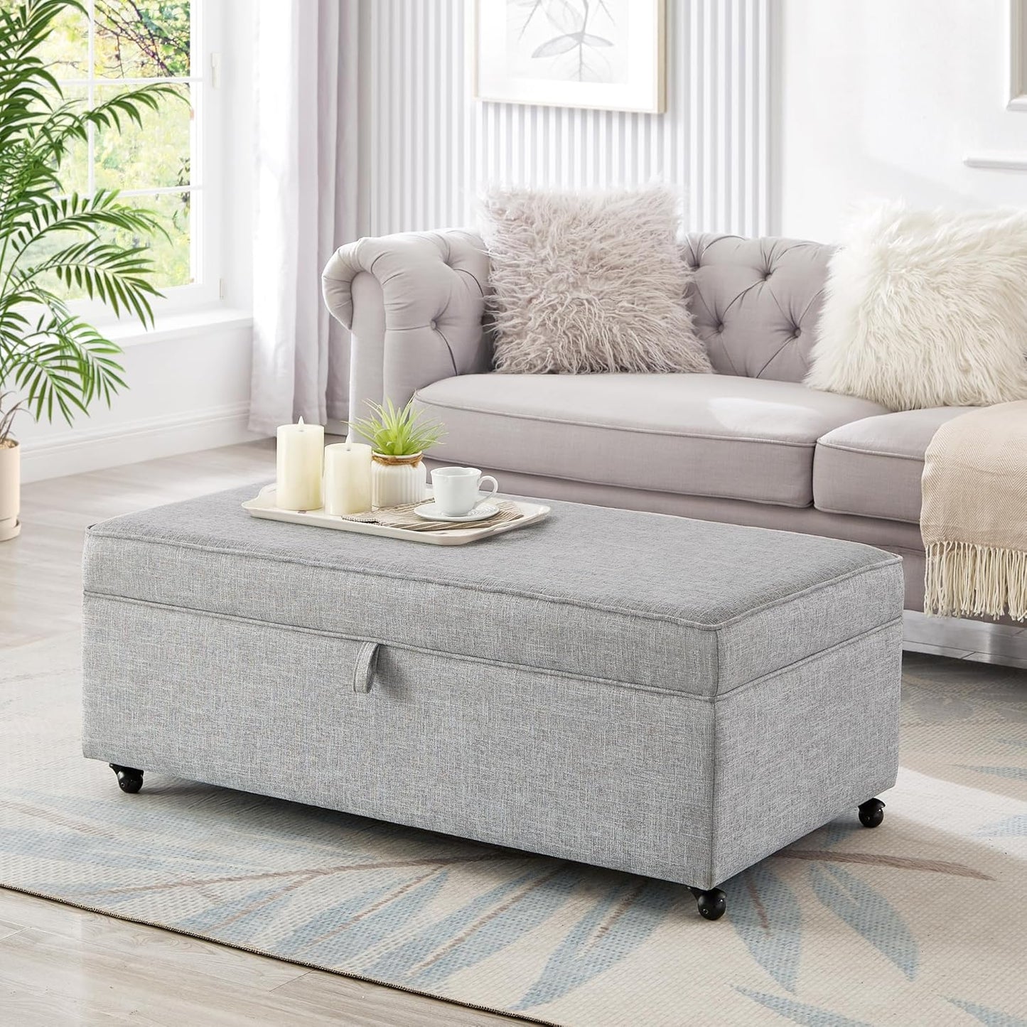 Ball & Cast 45" Sofa Ottoman with Storage, Linen Upholstered Bench with Rotation Casters and Safety Hinge for Living Room, Multi-Function Coffee Table,Gray