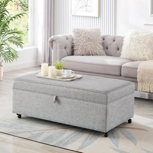 45" Modern Sofa Ottoman with Storage,Linen Upholstered Storage Bench with Rotation Casters and Safety Hinge, for Living Room,Grey